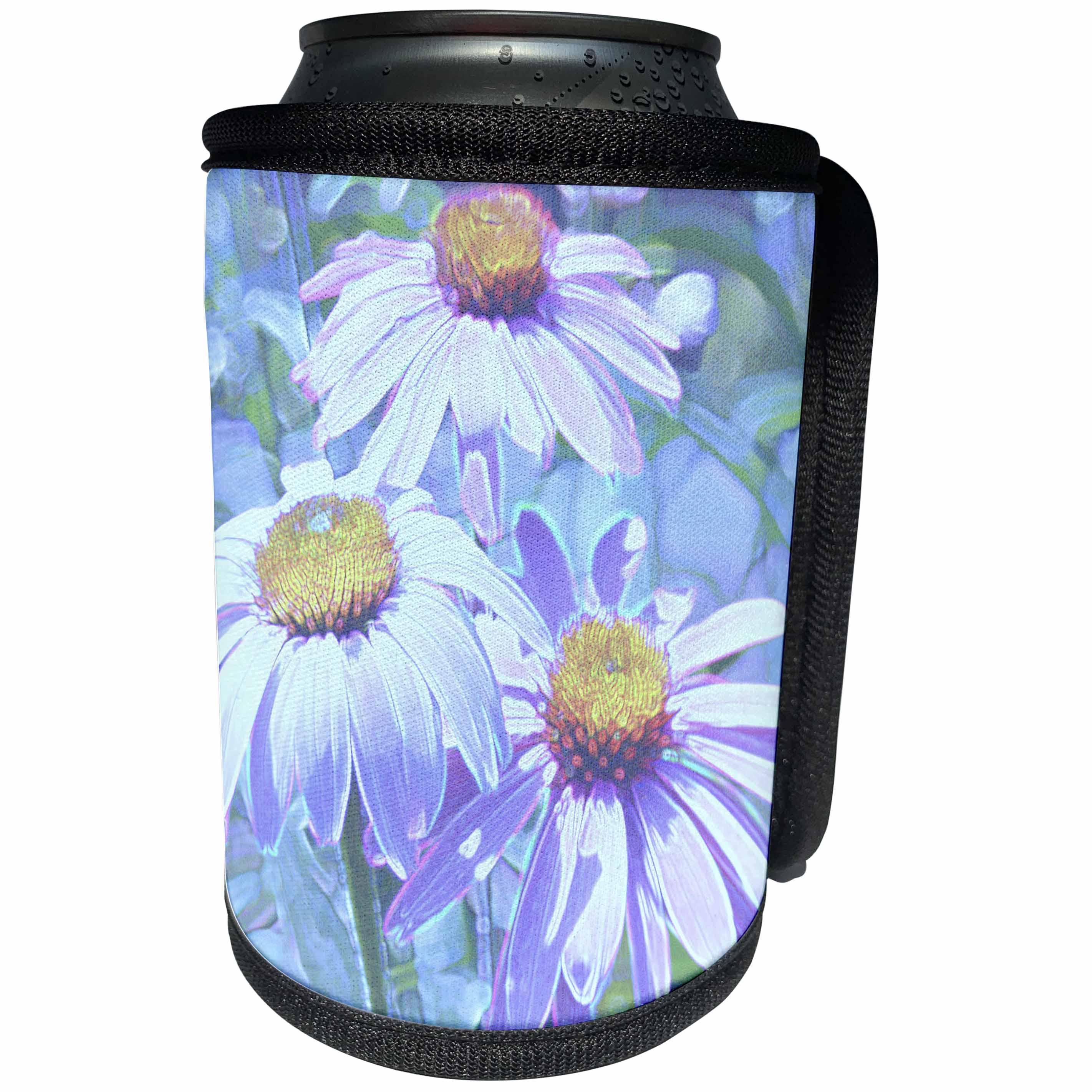 3dRose Patricia Sanders Creations - Three Echinacea Blue Floral Art - Can Cooler Bottle Wrap (cc_27464)