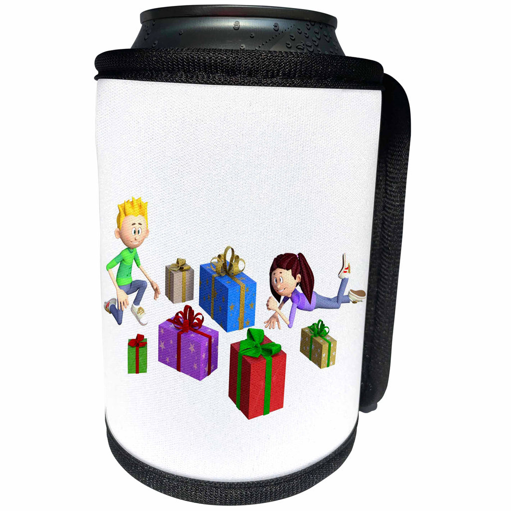 3dRose Boehm Graphics Cartoon - Brother and Sister opening Presents - Can Cooler Bottle Wrap (cc_274682)