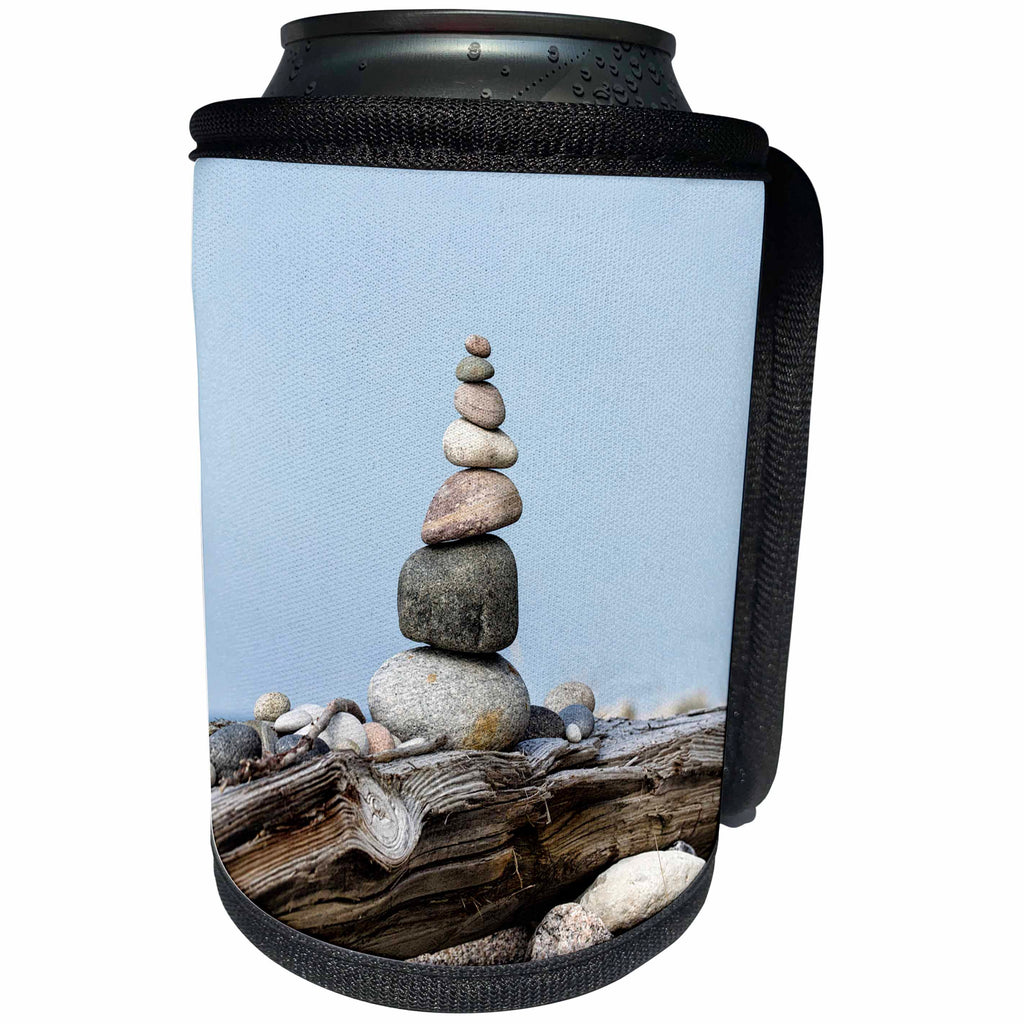 3dRose Andrea Haase Nature Photography - Balanced Stone Cairn On Driftwood With Blue Sky - Can Cooler Bottle Wrap (cc_274831)