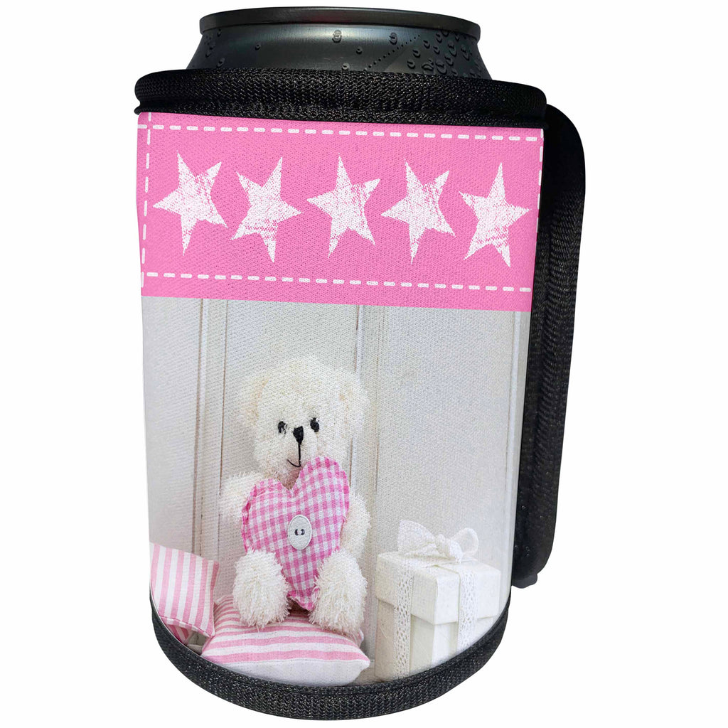 3dRose Andrea Haase Still Life Photography - Cute White Little Teddy Bear With Heart And Gift Box - Can Cooler Bottle Wrap (cc_274833)