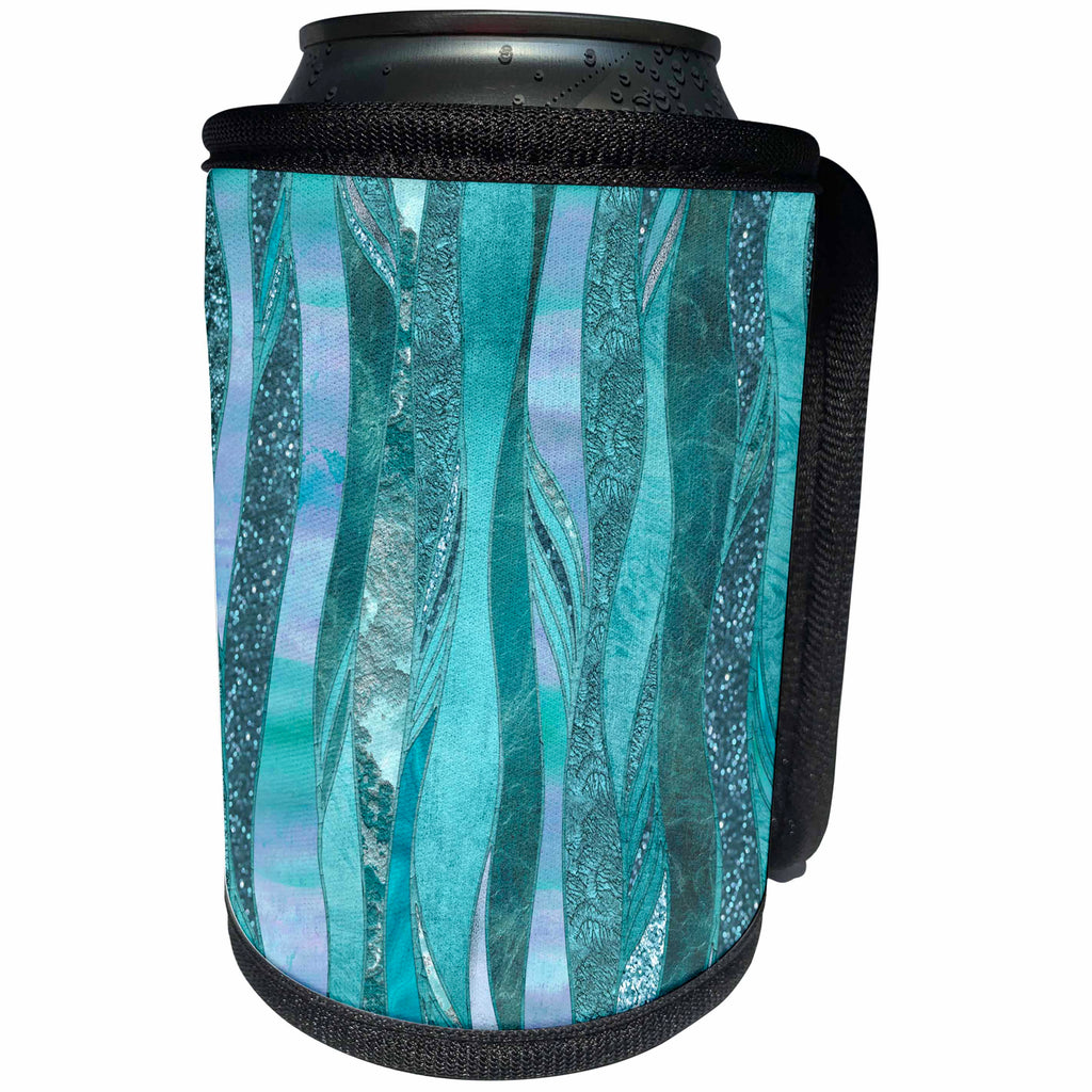 3dRose Andrea Haase Illustration - Blue And Turquoise Abstract Glamorous Stripes - Can Cooler Bottle Wrap (cc_274836)