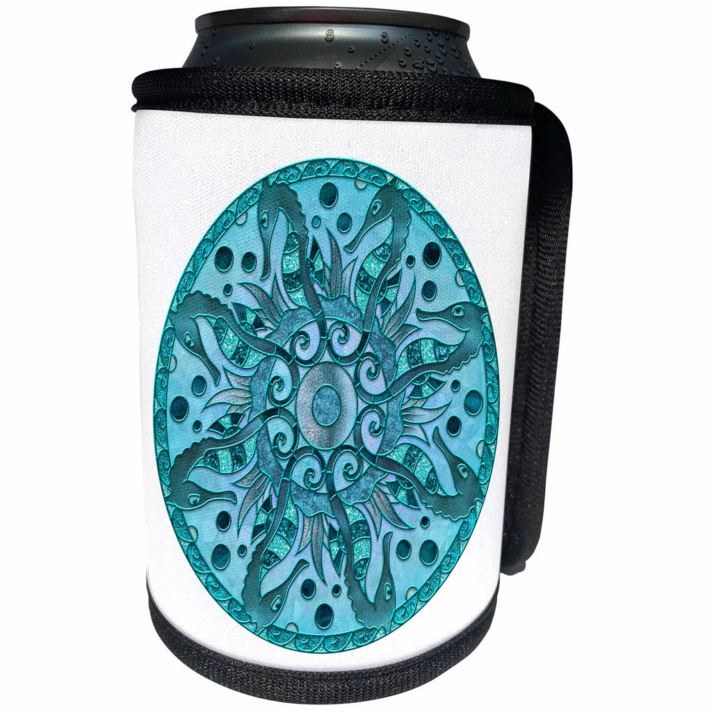 3dRose Andrea Haase Illustration - Glamorous Sea Horse Mandala In Shades Of Blue - Can Cooler Bottle Wrap (cc_274842)