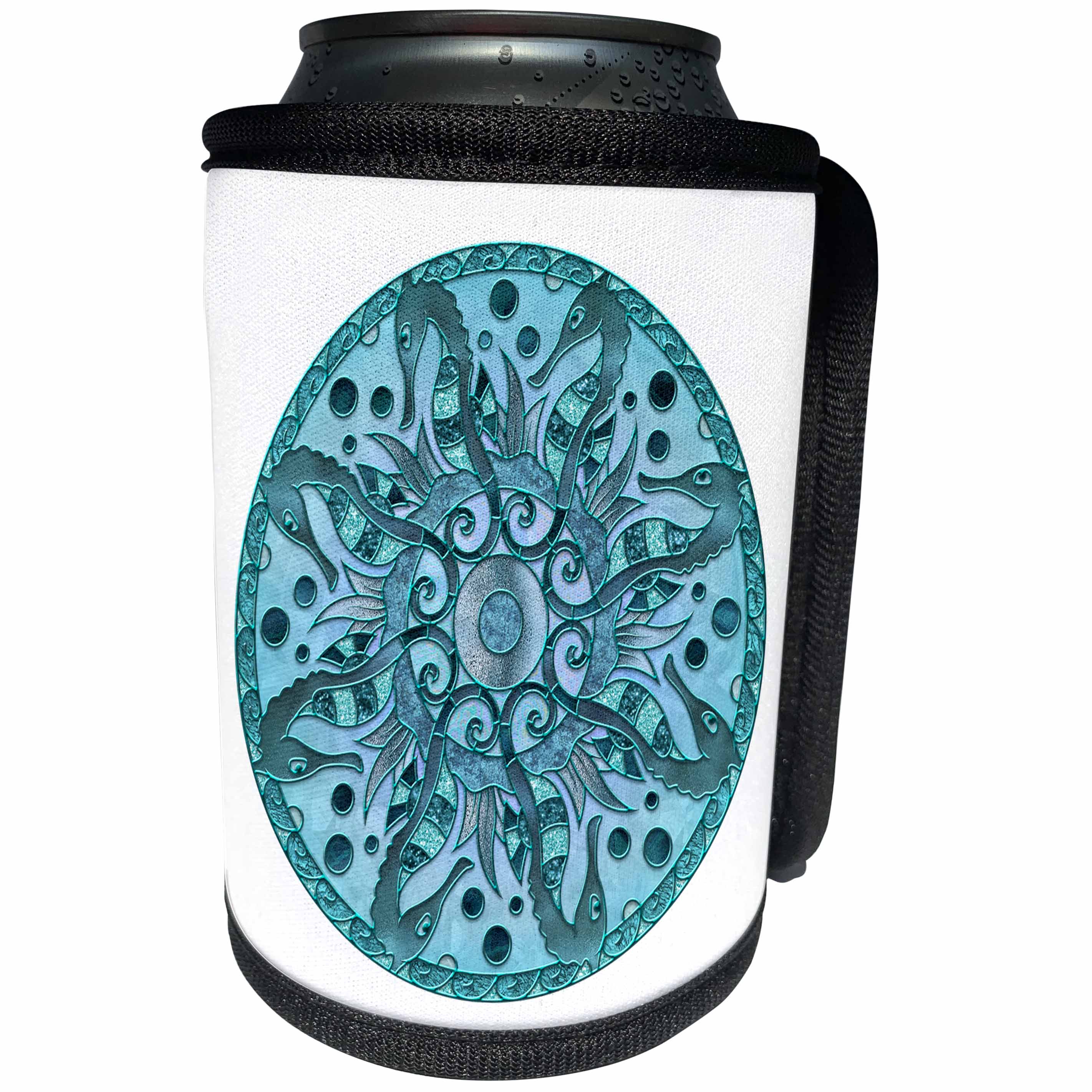 3dRose Andrea Haase Illustration - Glamorous Sea Horse Mandala In Shades Of Blue - Can Cooler Bottle Wrap (cc_274842)