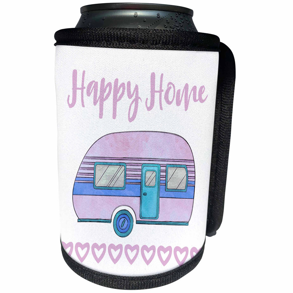 3dRose Andrea Haase Illustration - Camper Watercolor Illustration With Quote Happy Home On White - Can Cooler Bottle Wrap (cc_274848)