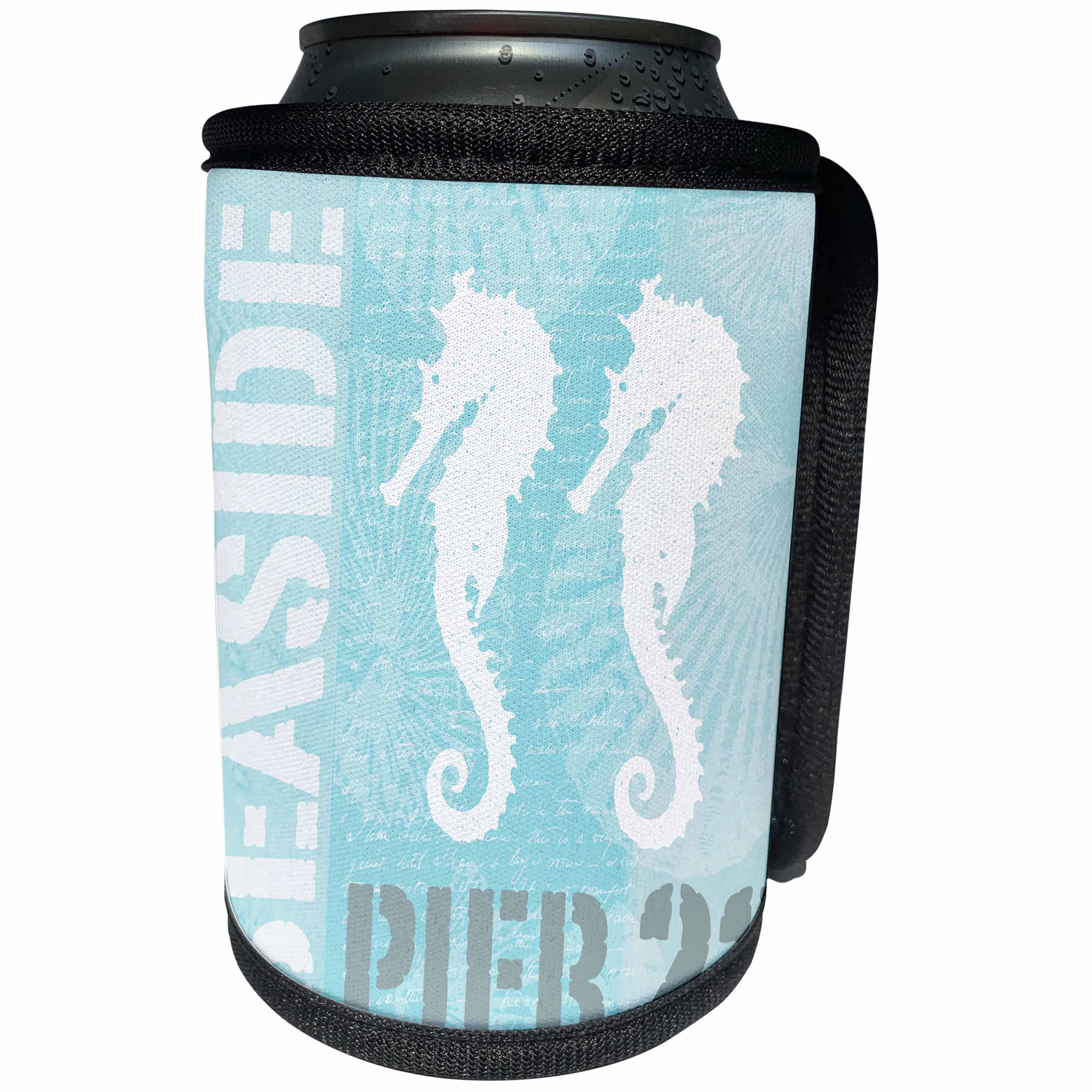 3dRose Andrea Haase Illustration - Coastal Graphic With Typography And Sea Horses - Can Cooler Bottle Wrap (cc_274851)