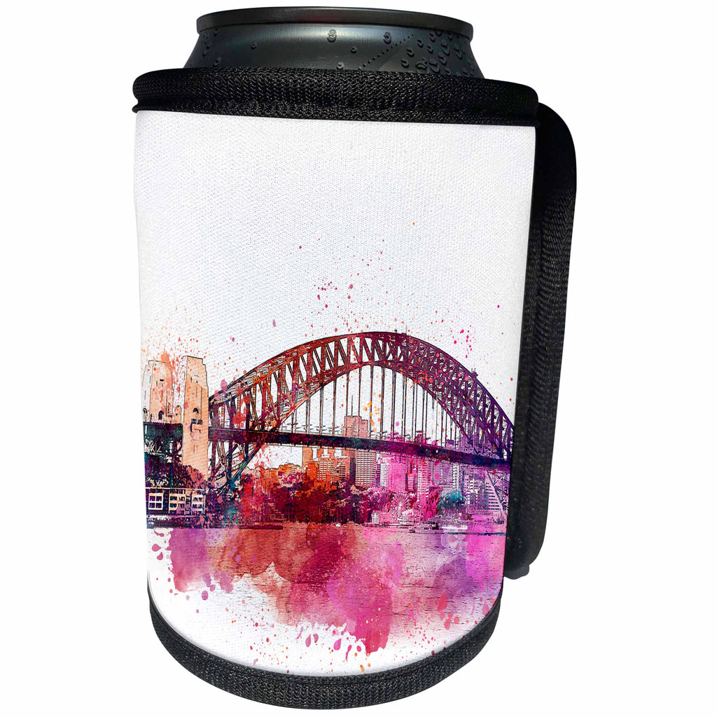 3dRose Andrea Haase Illustration - Sydney Harbor Bridge Colorful Watercolor Illustration - Can Cooler Bottle Wrap (cc_274855)