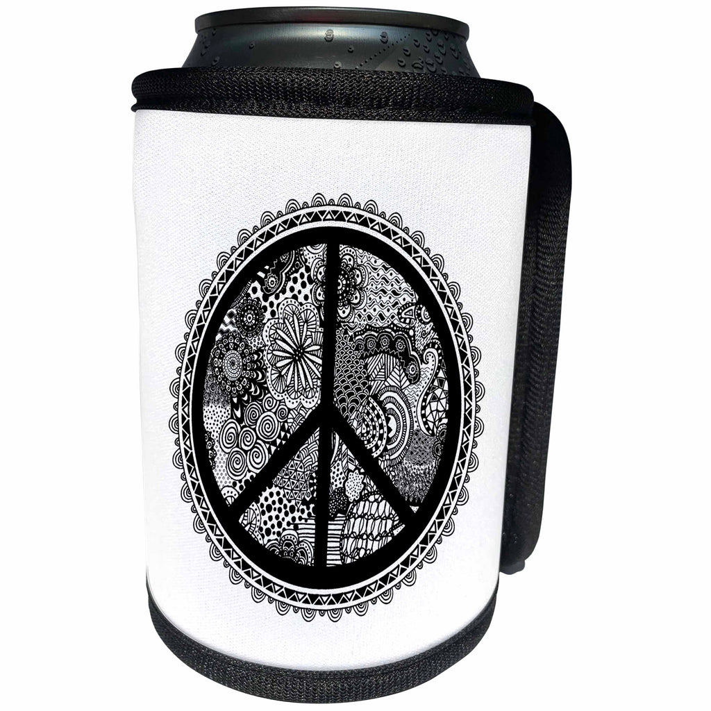 3dRose Andrea Haase Illustration - Peace Symbol In Zen Doodle Pattern White Background - Can Cooler Bottle Wrap (cc_274860)