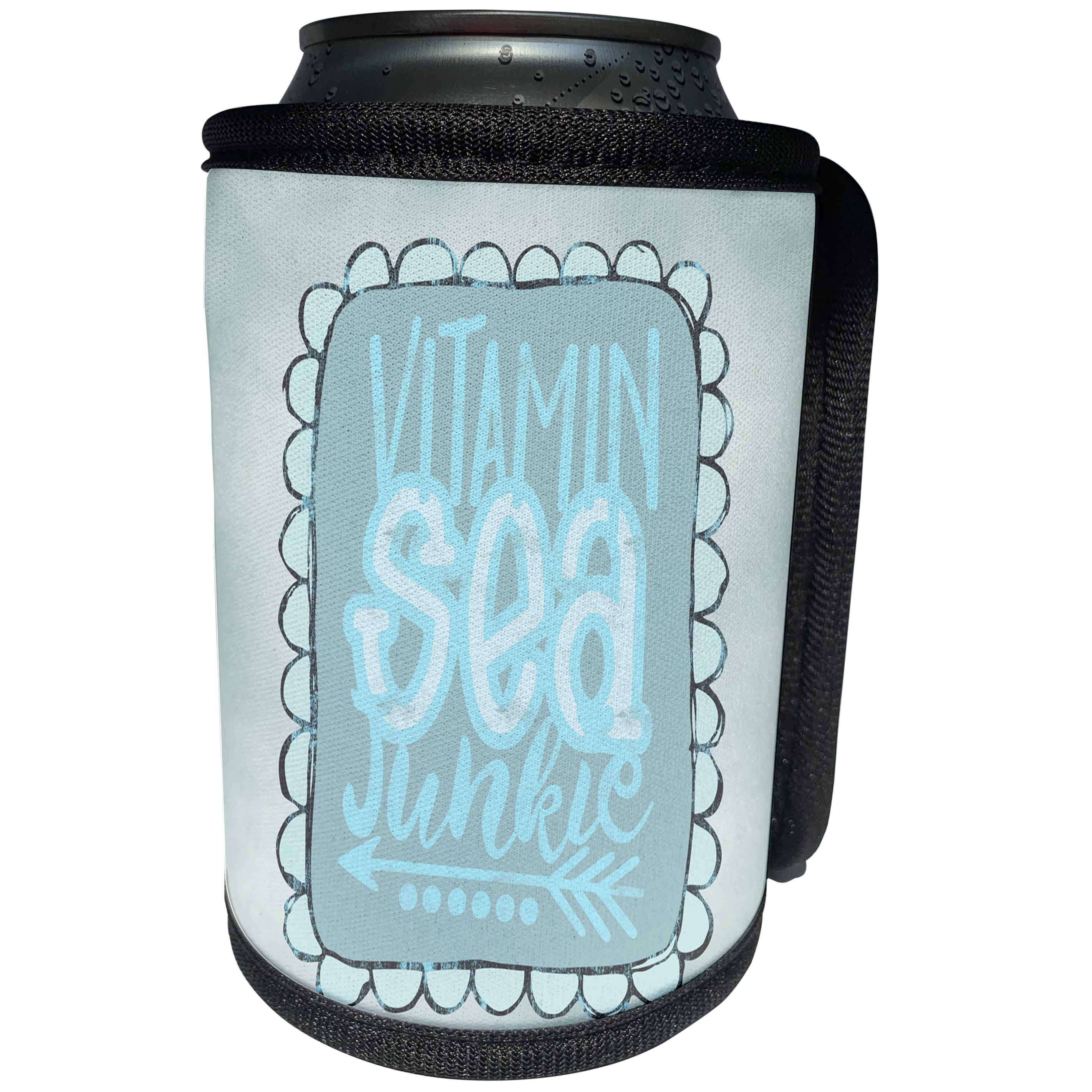 3dRose Andrea Haase Inspirational Typography - Vitamin Sea Junkie Quote In Pastel Blues - Can Cooler Bottle Wrap (cc_274870)