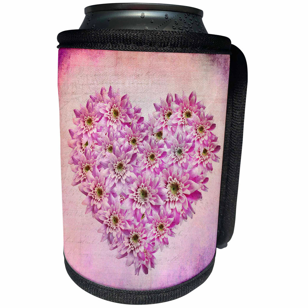 3dRose Andrea Haase Love and Hearts Art - Pink Flower Heart Valentines Day Illustration - Can Cooler Bottle Wrap (cc_274887)