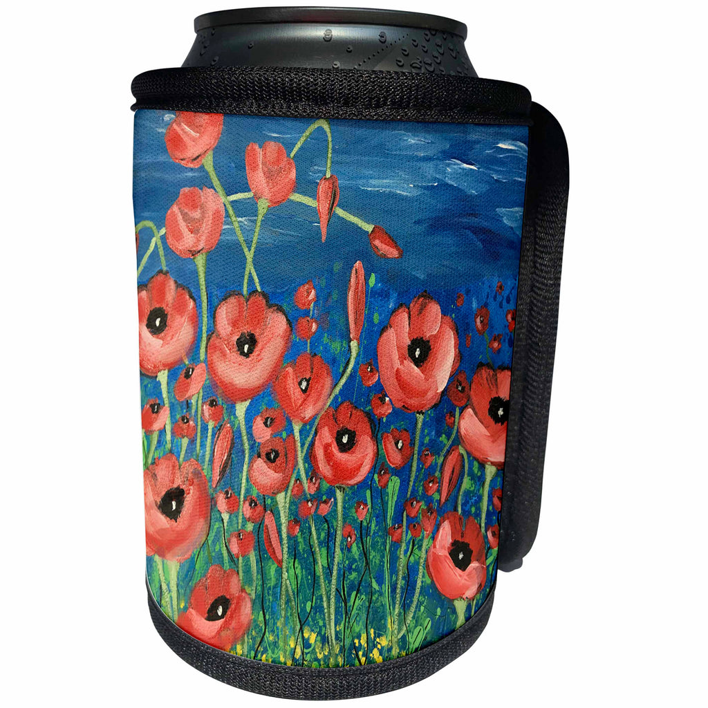3dRose Dinzas Art Nature - Image of Red Poppy Flowers on Blue Background - Can Cooler Bottle Wrap (cc_274897)