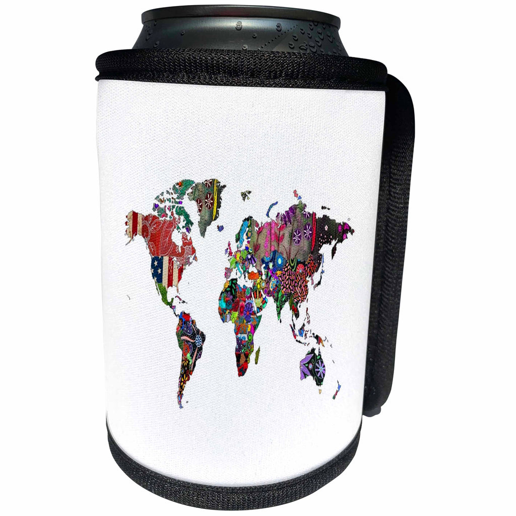3dRose Exotic Maps Of World - Image of World Map In Colorful Fabrics - Can Cooler Bottle Wrap (cc_274949)