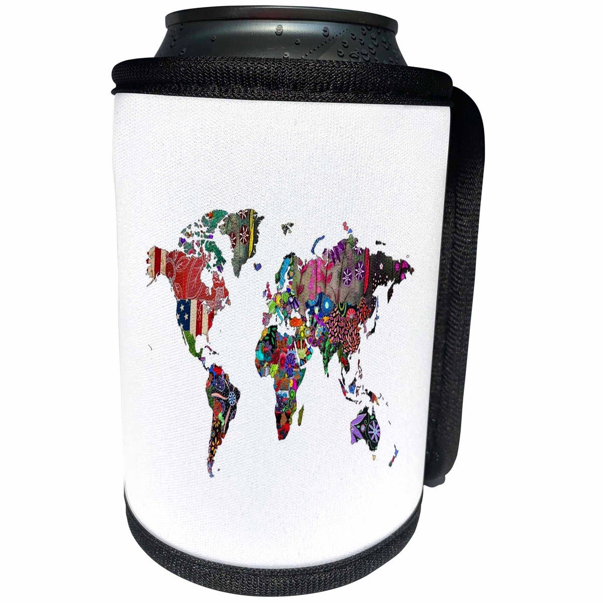 3dRose Exotic Maps Of World - Image of World Map In Colorful Fabrics - Can Cooler Bottle Wrap (cc_274949)
