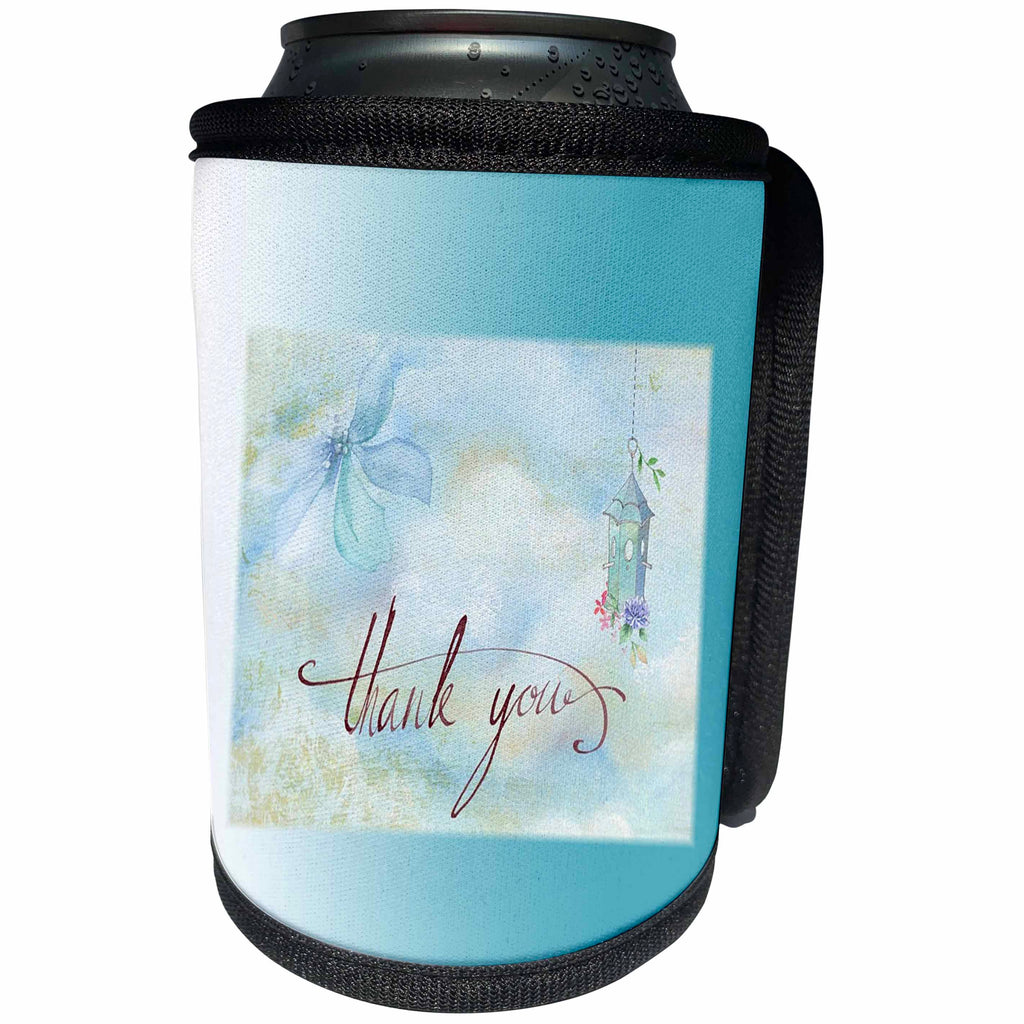 3dRose Thank You Designs - Image of Thank You Words With Bird Cage On Aqua - Can Cooler Bottle Wrap (cc_274952)
