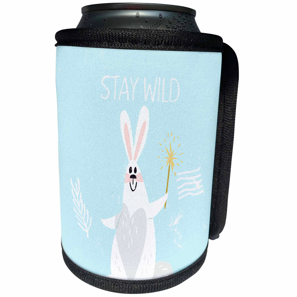 3dRose Uta Naumann Watercolor Illustration Animal - Stay Wild-Trendy Cute Teal Scandi Winter Animal White Bunny Typography - Can Cooler Bottle Wrap (cc_274962)