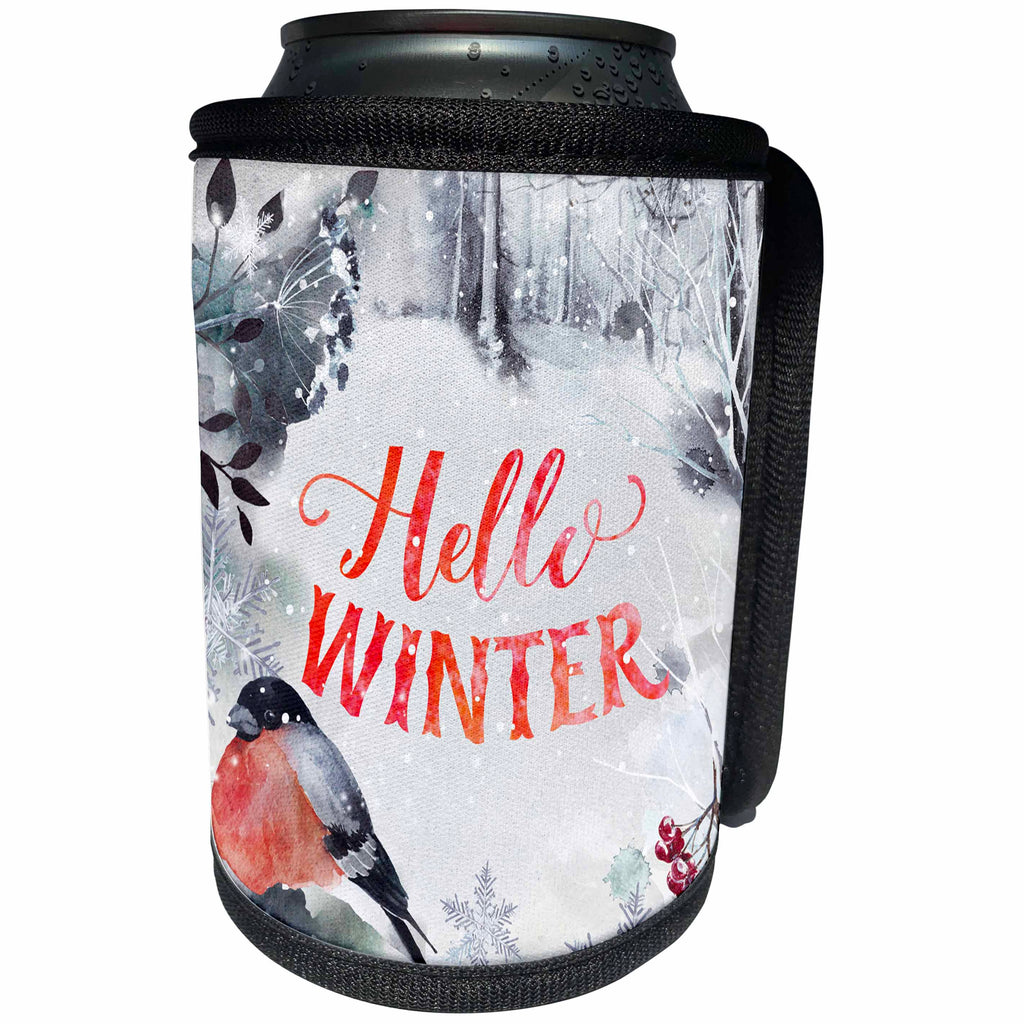 3dRose Uta Naumann Sayings and Typography - Merry Christmas-Wishes-Wintry Fox Animal Forest Illustration - Can Cooler Bottle Wrap (cc_274978)