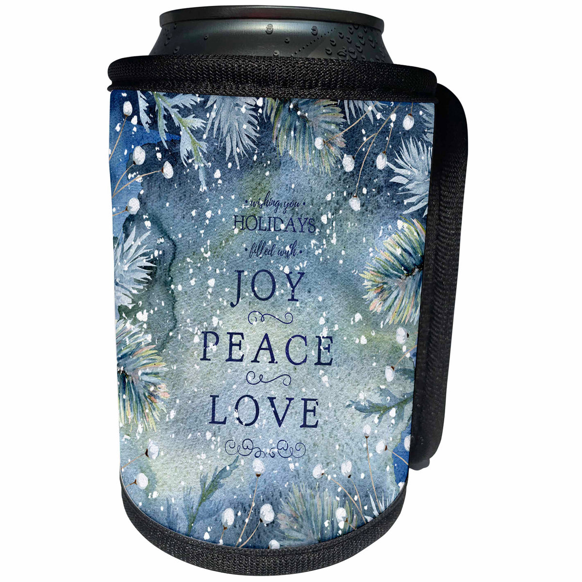 3dRose Uta Naumann Sayings and Typography - Joy Peace Love- Christmas Wishes-Wintry Snowy Blue Forest Illustration - Can Cooler Bottle Wrap (cc_274989)