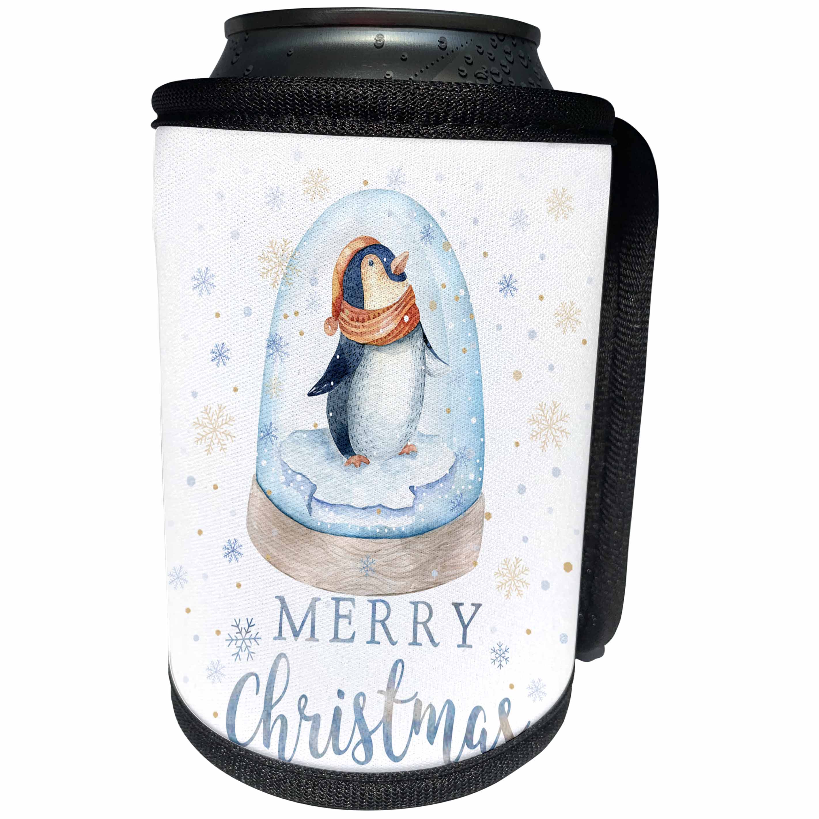 3dRose Uta Naumann Sayings and Typography - Merry Christmas Greetings -Wintry Snowy Penguin Illustration - Can Cooler Bottle Wrap (cc_274994)