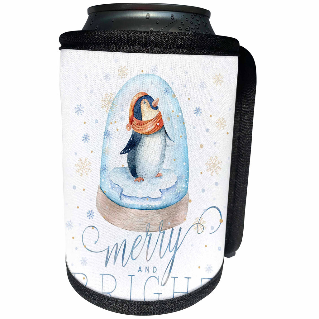 3dRose Uta Naumann Sayings and Typography - Merry and Bright Christmas Greetings-Wintry Snowy Penguin Illustration - Can Cooler Bottle Wrap (cc_274995)