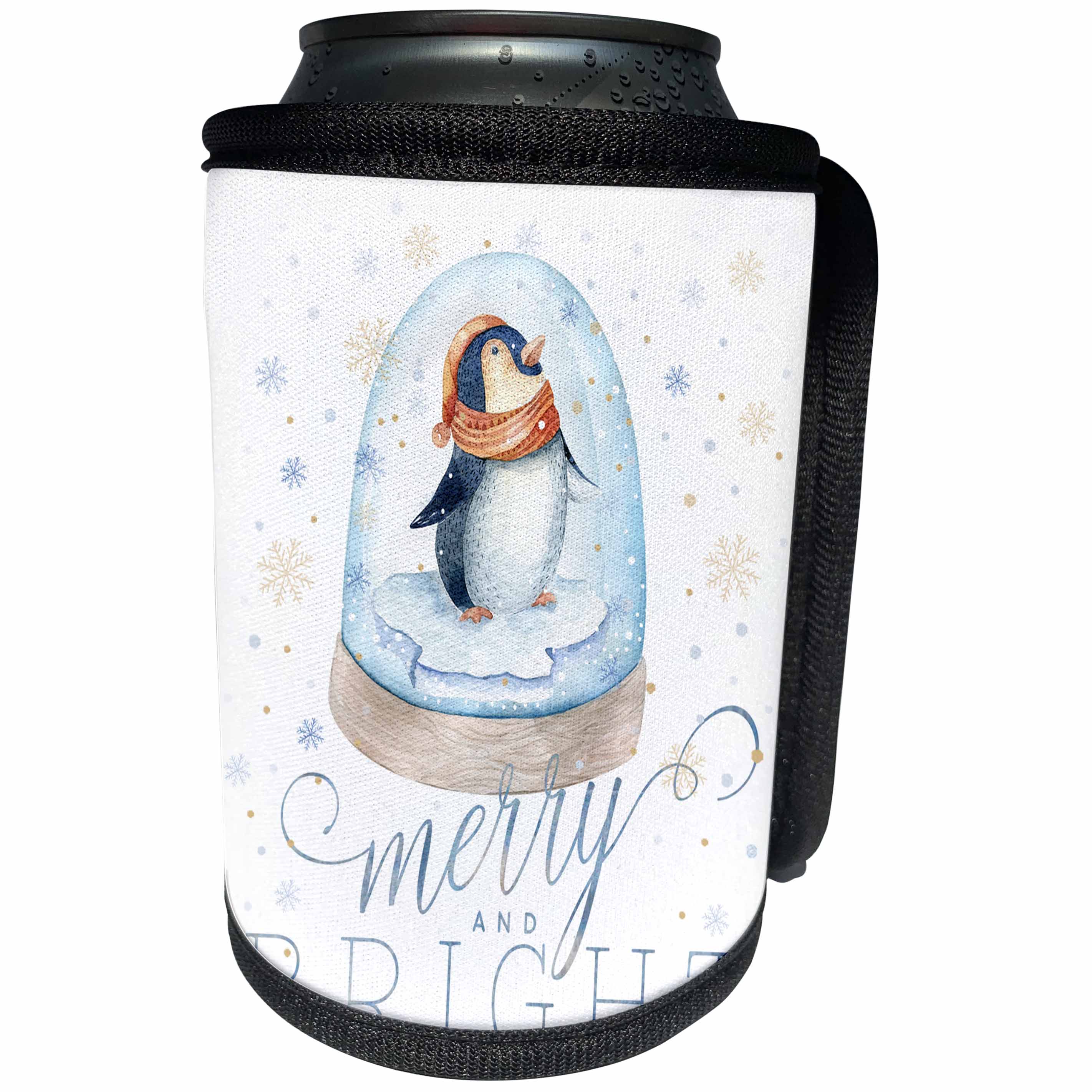 3dRose Uta Naumann Sayings and Typography - Merry and Bright Christmas Greetings-Wintry Snowy Penguin Illustration - Can Cooler Bottle Wrap (cc_274995)