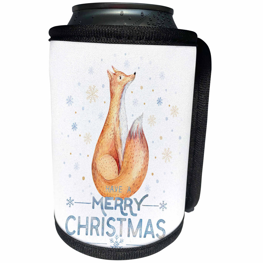 3dRose Uta Naumann Sayings and Typography - Merry Christmas Greetings-Wintry Snowy Animal Fox Illustration - Can Cooler Bottle Wrap (cc_274997)