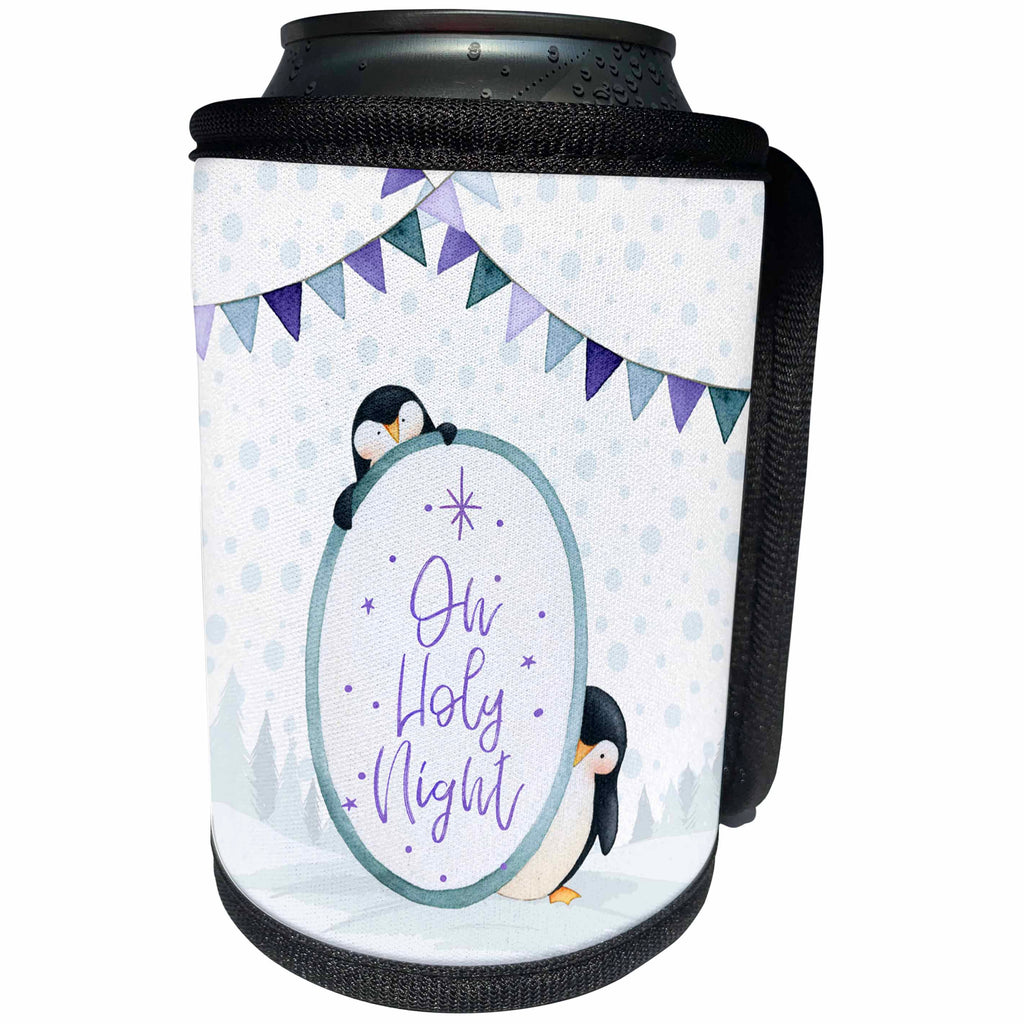 3dRose Uta Naumann Sayings and Typography - Oh Holy Night-Wintry Xmas Snow Penguin Illustration and Typography - Can Cooler Bottle Wrap (cc_275000)