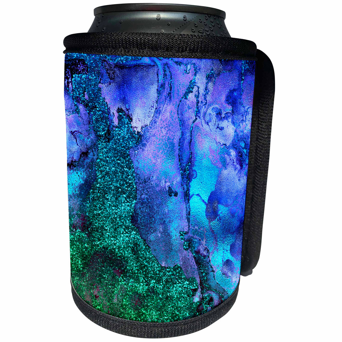 3dRose Uta Naumann Faux Glitter Pattern - Image of Trendy Indigo Blue and Green Glitter Ink Metal Marble Agate - Can Cooler Bottle Wrap (cc_275090)