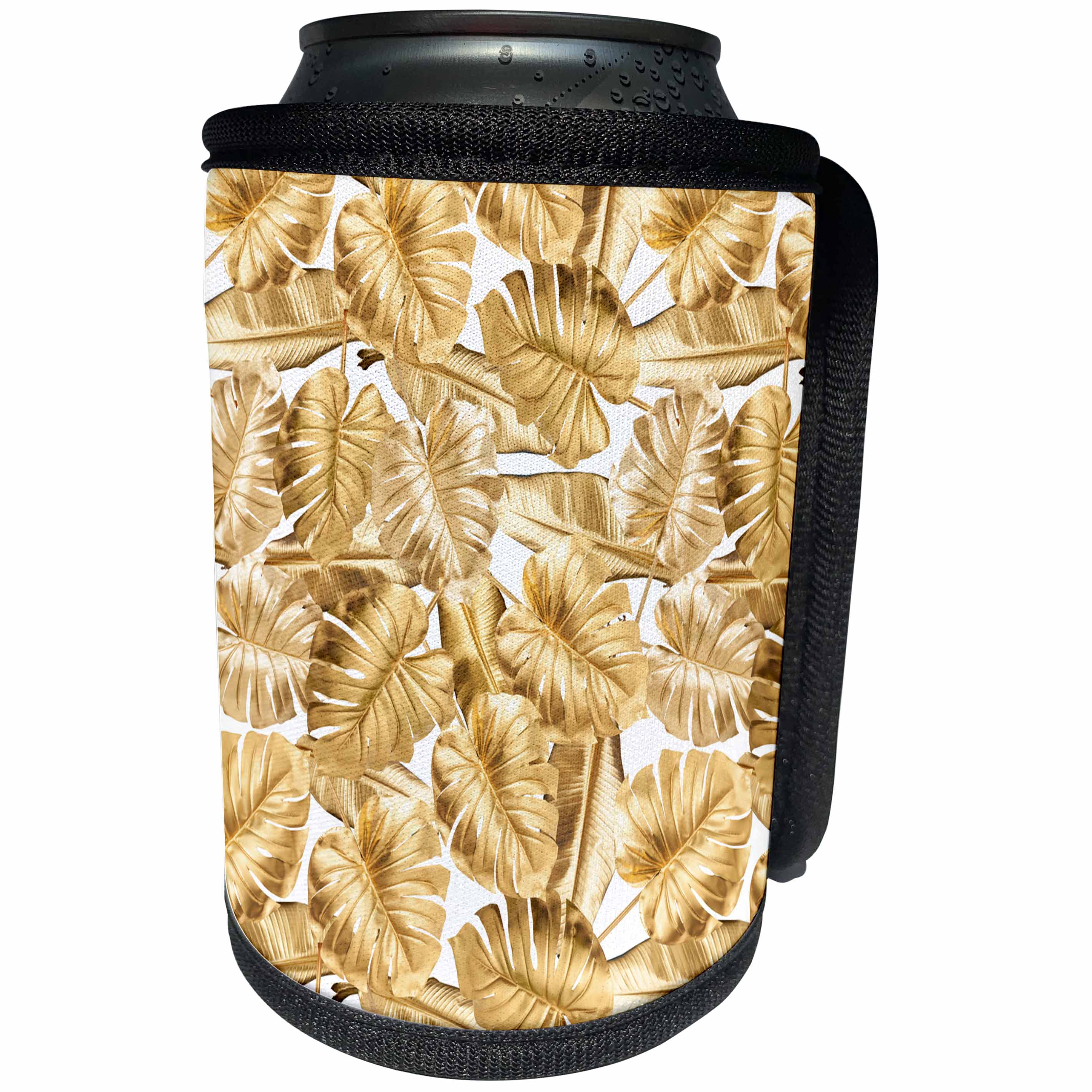 3dRose Uta Naumann Faux Glitter Pattern - Image of Shiny Aloha Gold Foliage Monstera Tropical Hawaii Pattern - Can Cooler Bottle Wrap (cc_275098)