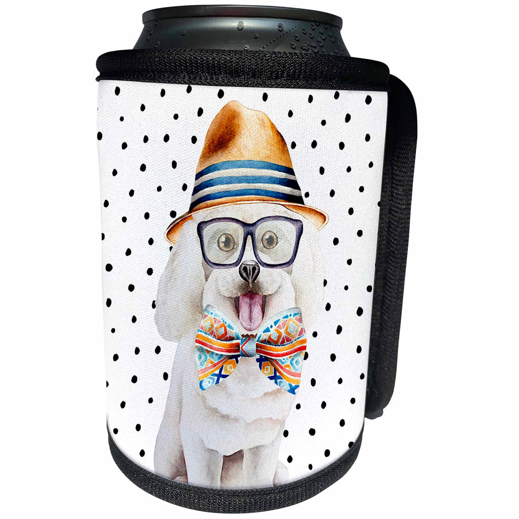 3dRose Uta Naumann Watercolor Illustration Animal - Cute Funny Dog Illustration on Polkadots- Bishon-Freeze - Can Cooler Bottle Wrap (cc_275100)
