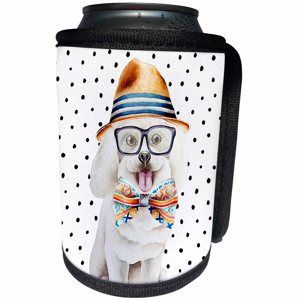 3dRose Uta Naumann Watercolor Illustration Animal - Cute Funny Dog Illustration on Polkadots- Bishon-Freeze - Can Cooler Bottle Wrap (cc_275100)