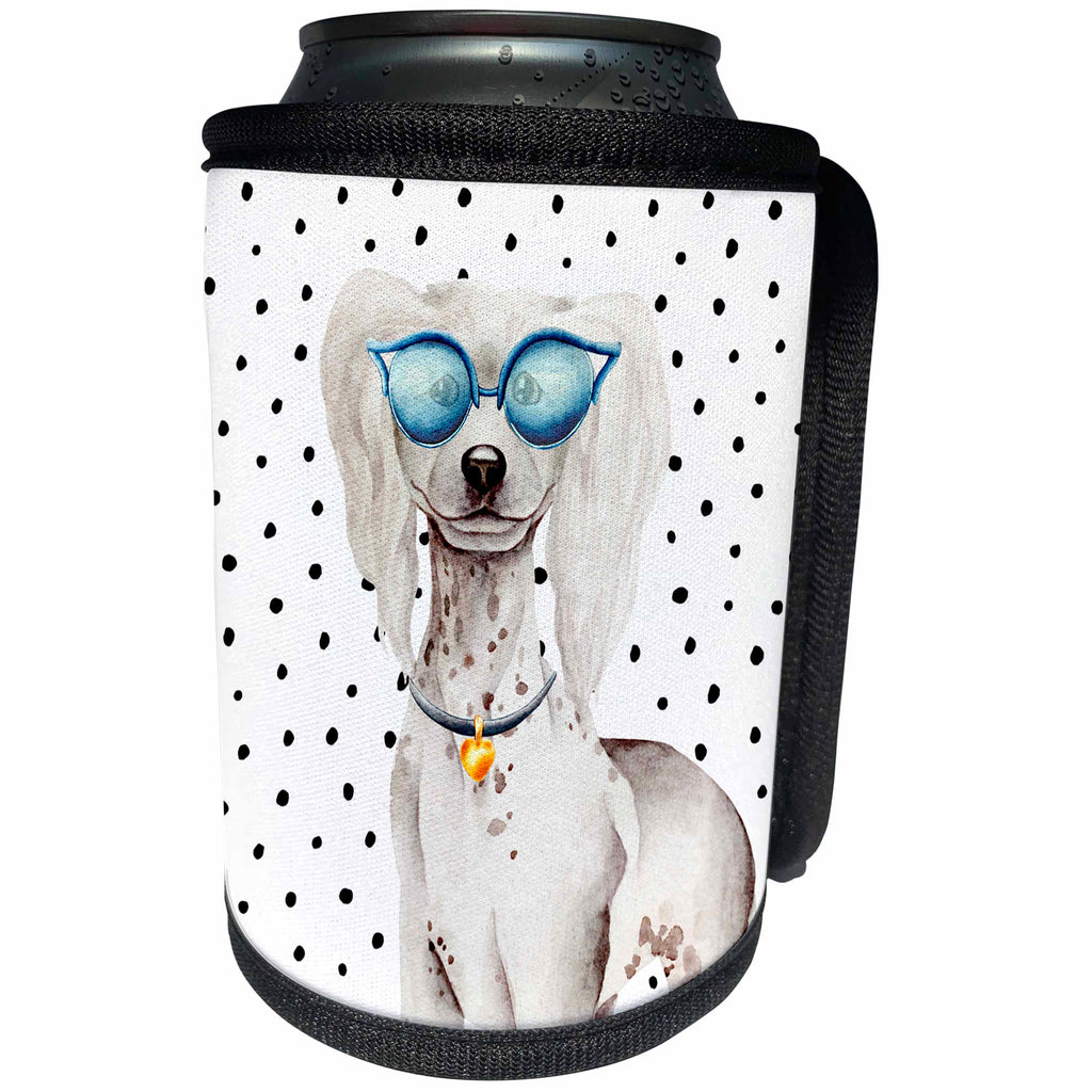3dRose Uta Naumann Watercolor Illustration Animal - Cute Funny Dog Illustration on Polkadots- Chinese Crested Dog - Can Cooler Bottle Wrap (cc_275101)