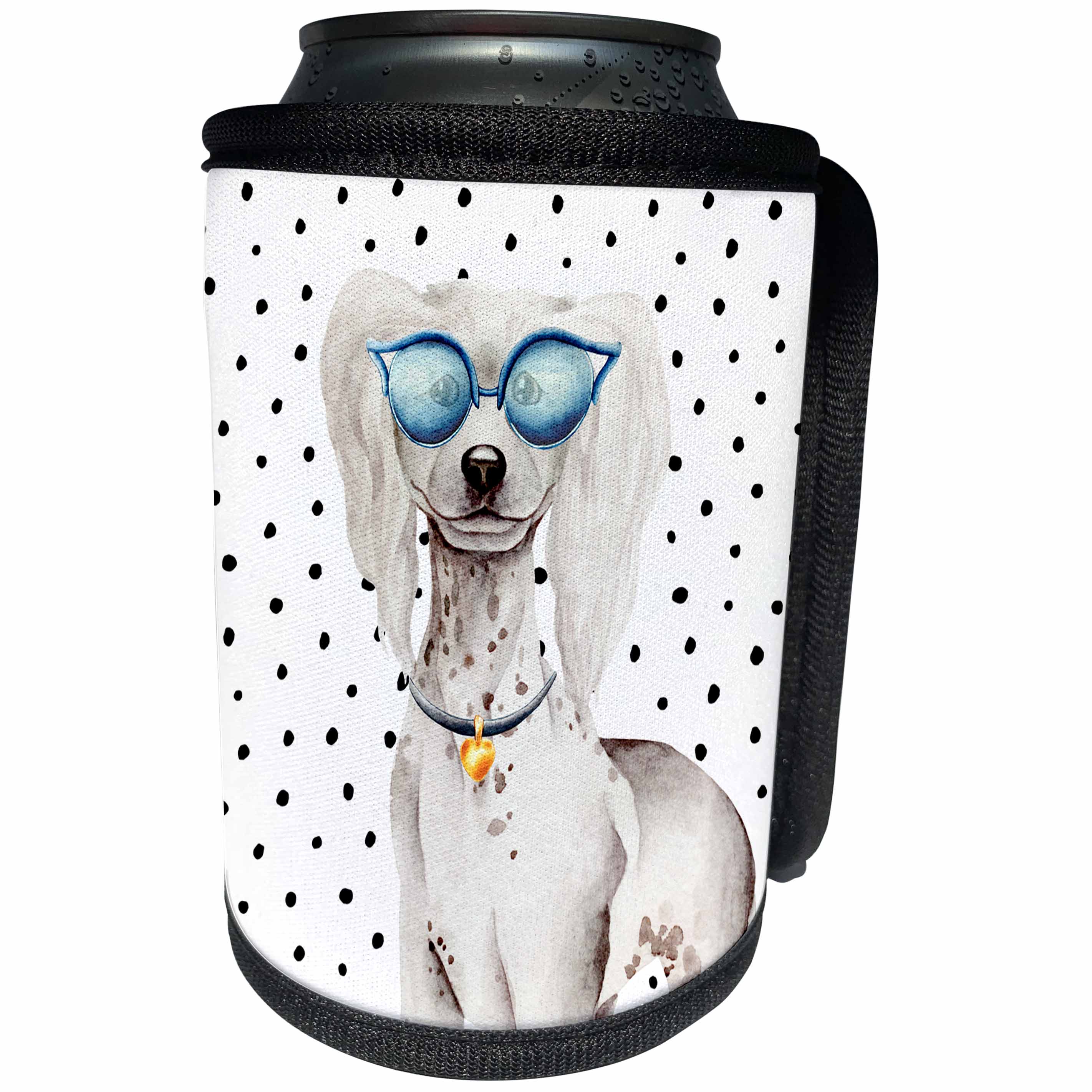 3dRose Uta Naumann Watercolor Illustration Animal - Cute Funny Dog Illustration on Polkadots- Chinese Crested Dog - Can Cooler Bottle Wrap (cc_275101)