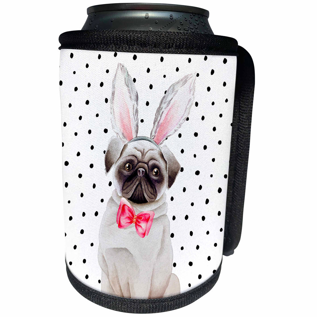 3dRose Uta Naumann Watercolor Illustration Animal - Cute Funny Dog Illustration on Polkadots- Pug - Can Cooler Bottle Wrap (cc_275108)