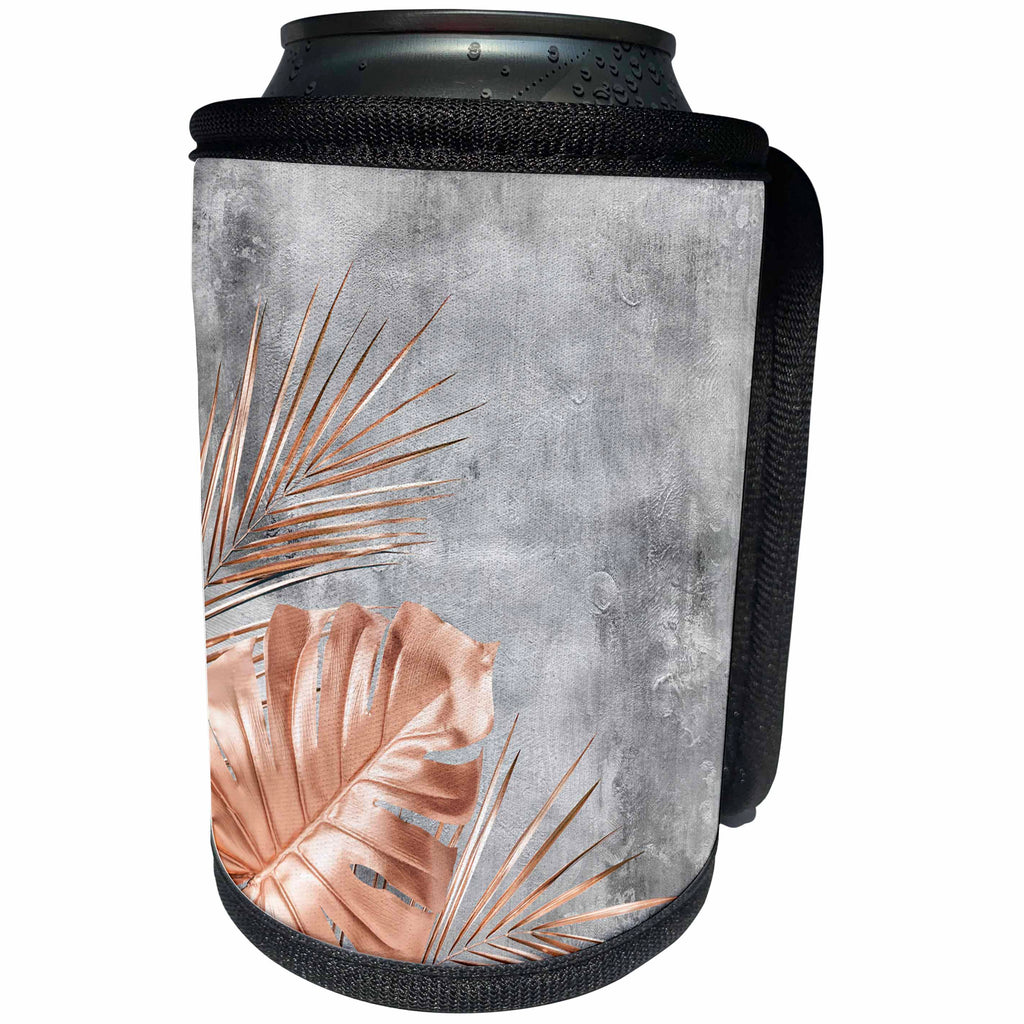 3dRose Uta Naumann Faux Glitter Pattern - Image of Trendy Aloha Rose gold Tropical Leaf Foliage on Gray Concrete - Can Cooler Bottle Wrap (cc_275130)