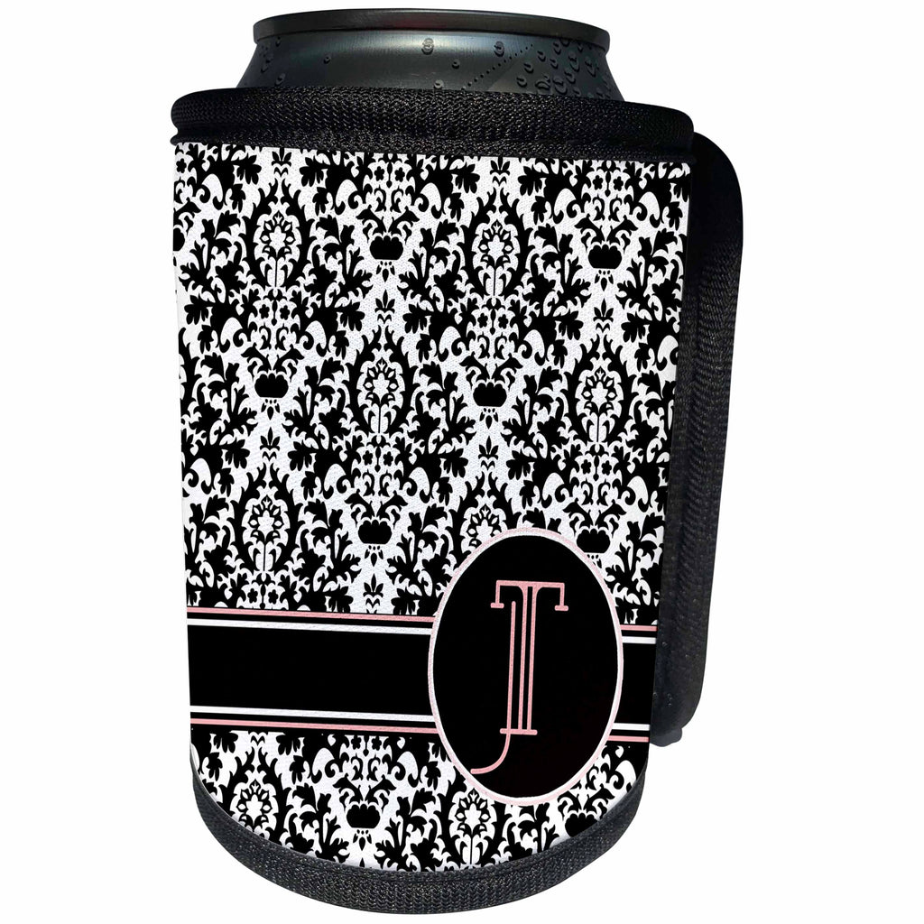 3dRose Uta Naumann Personal Monogram Initials - Letter T Personal Monogrammed Damask Pattern-Personalized Initial - Can Cooler Bottle Wrap (cc_275189)