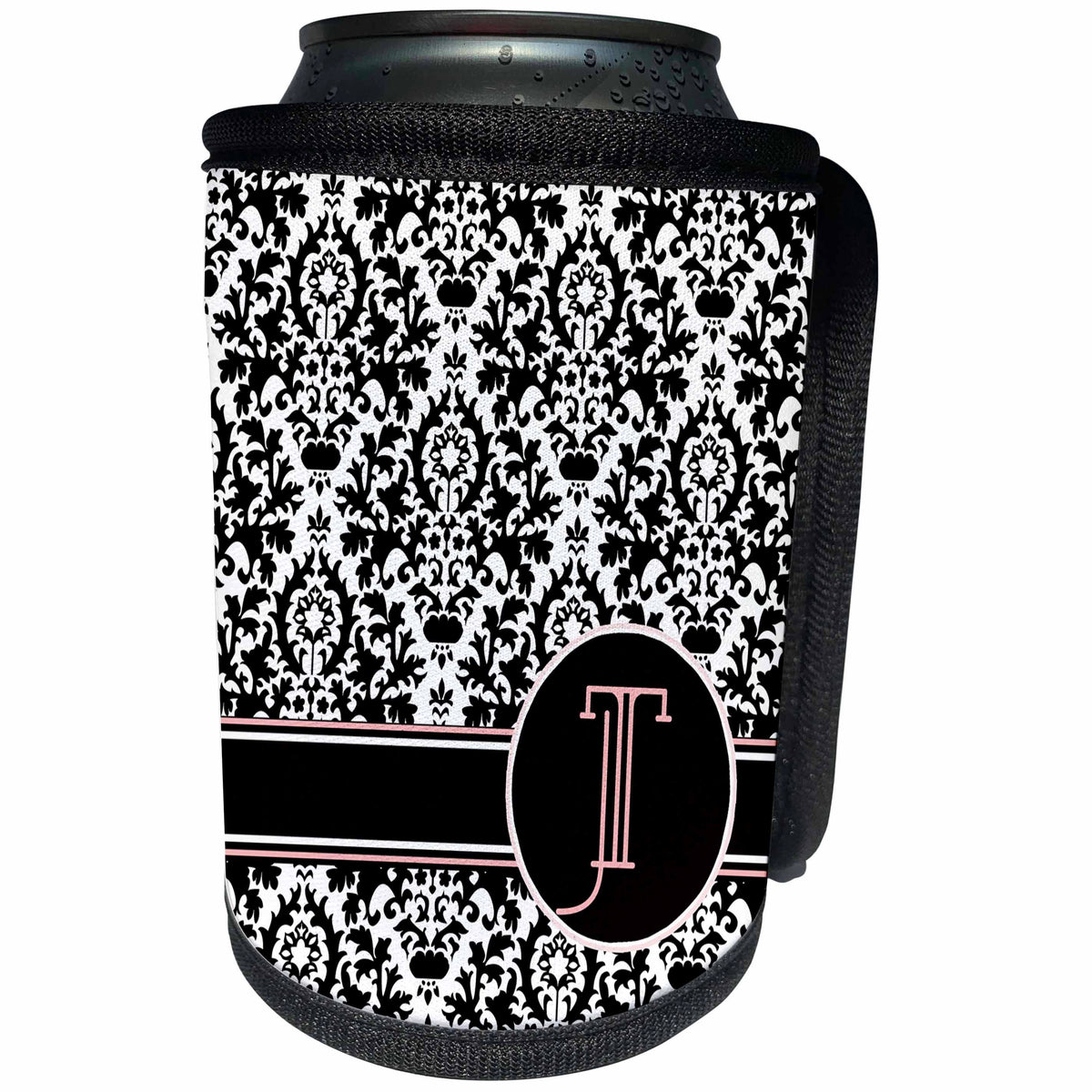 3dRose Uta Naumann Personal Monogram Initials - Letter T Personal Monogrammed Damask Pattern-Personalized Initial - Can Cooler Bottle Wrap (cc_275189)