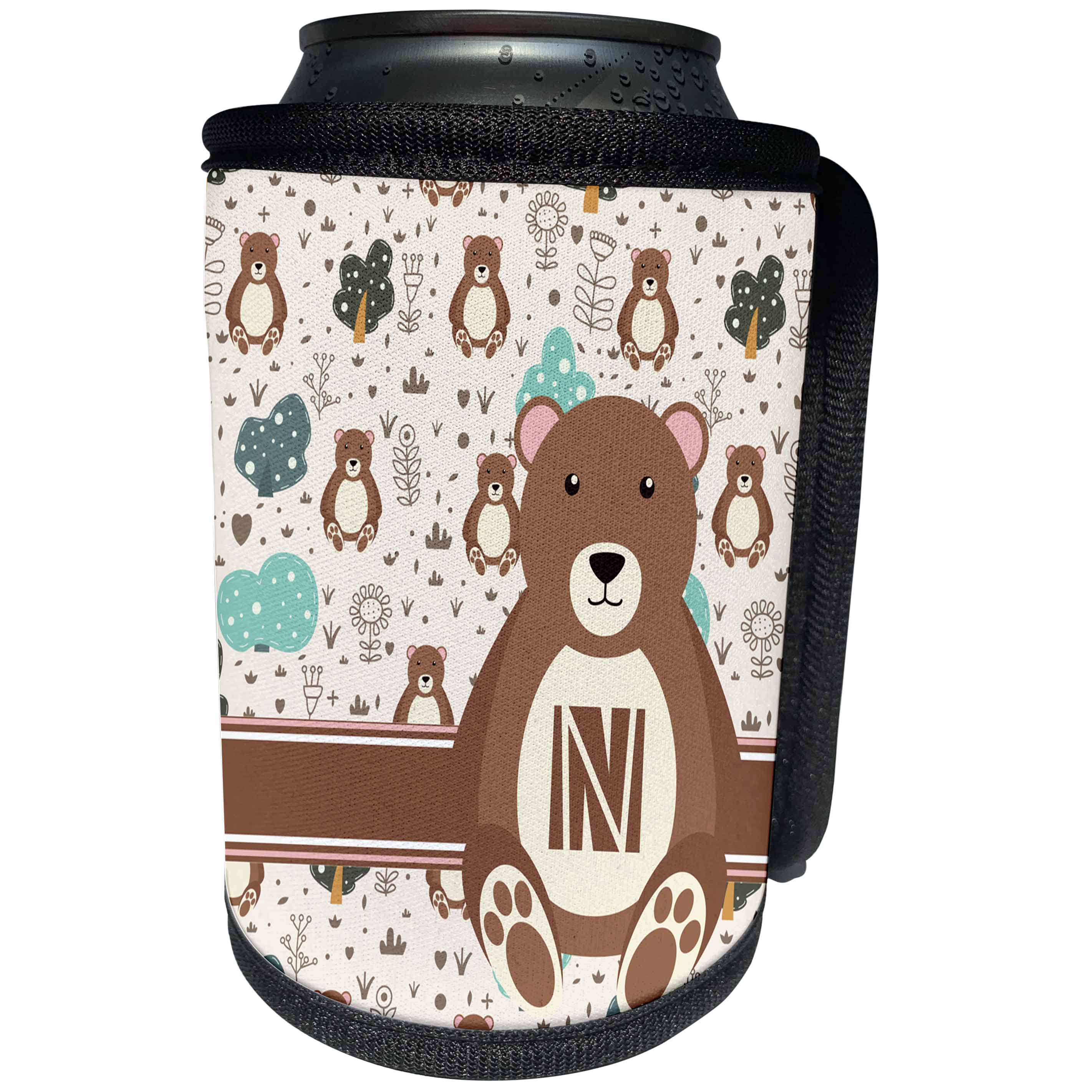 3dRose Uta Naumann Personal Monogram Initials - Letter N Personal Monogram Bear Animal Pattern - Personalized Initial - Can Cooler Bottle Wrap (cc_275213)