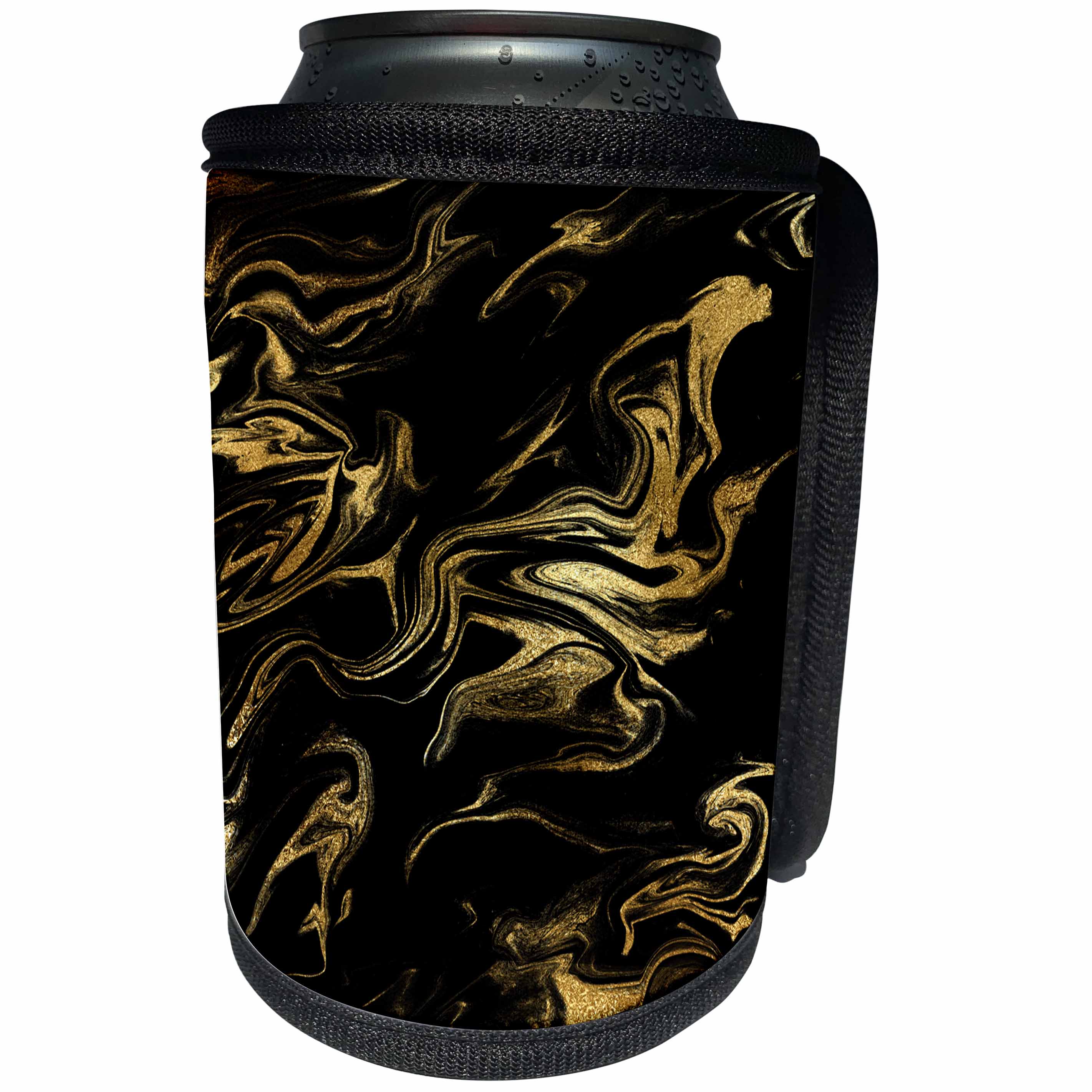 3dRose Uta Naumann Faux Glitter Pattern - Image of Chic Trendy Gold Glitter Veins on Black Marble Agate Gemstone - Can Cooler Bottle Wrap (cc_275232)