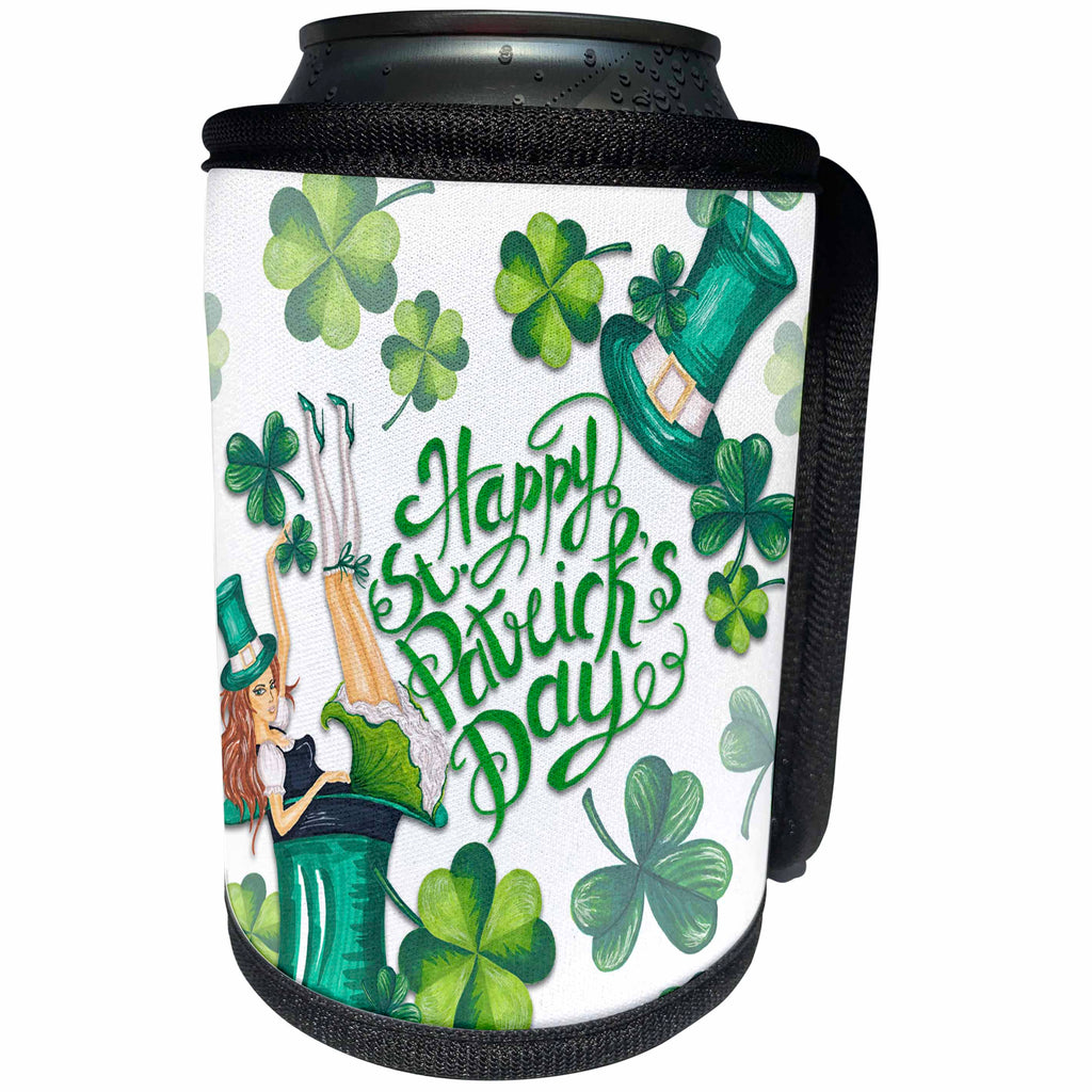 3dRose Uta Naumann Sayings and Typography - Irish Motivational - Happy St Patricks Day-Girl with Clover Pattern - Can Cooler Bottle Wrap (cc_275279)