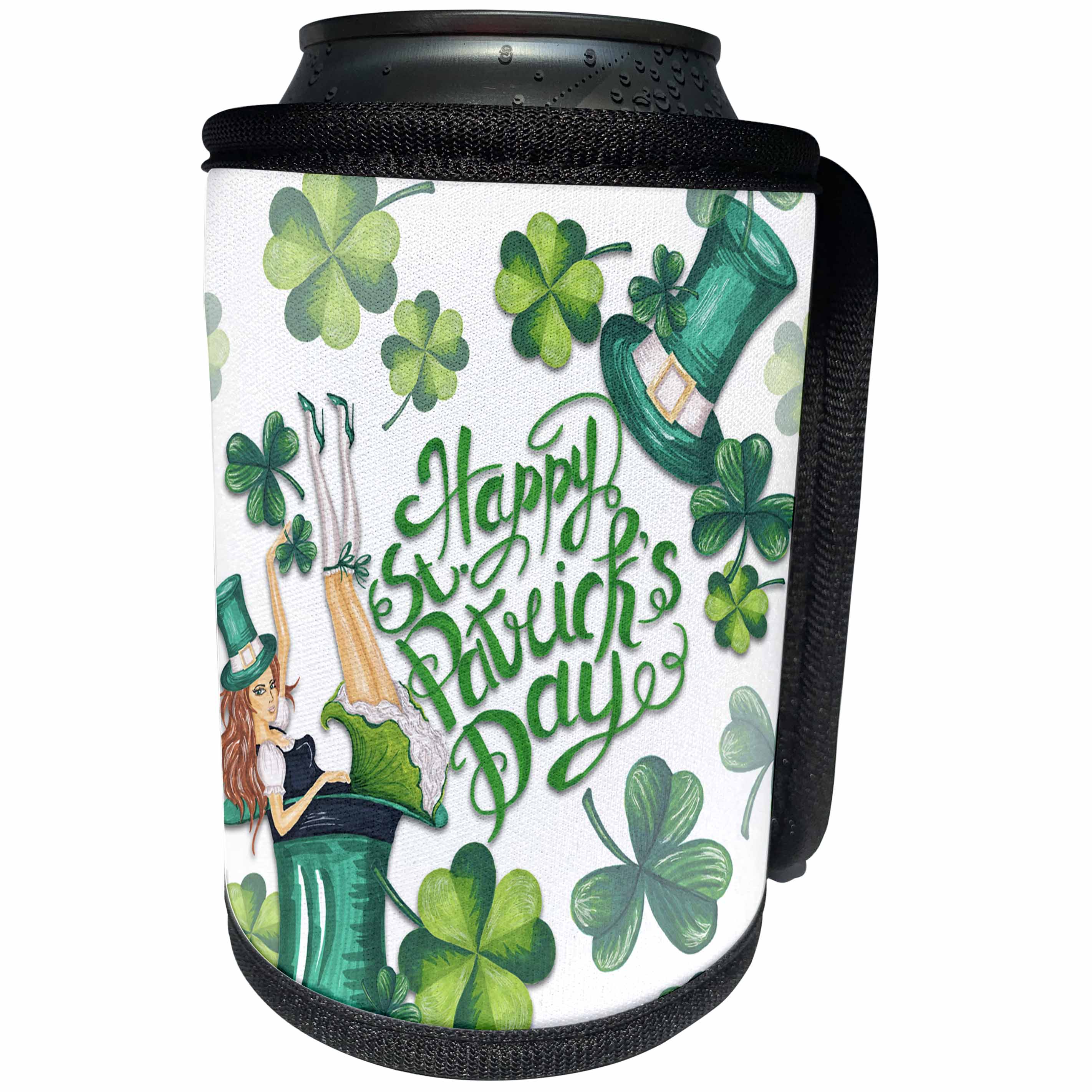3dRose Uta Naumann Sayings and Typography - Irish Motivational - Happy St Patricks Day-Girl with Clover Pattern - Can Cooler Bottle Wrap (cc_275279)