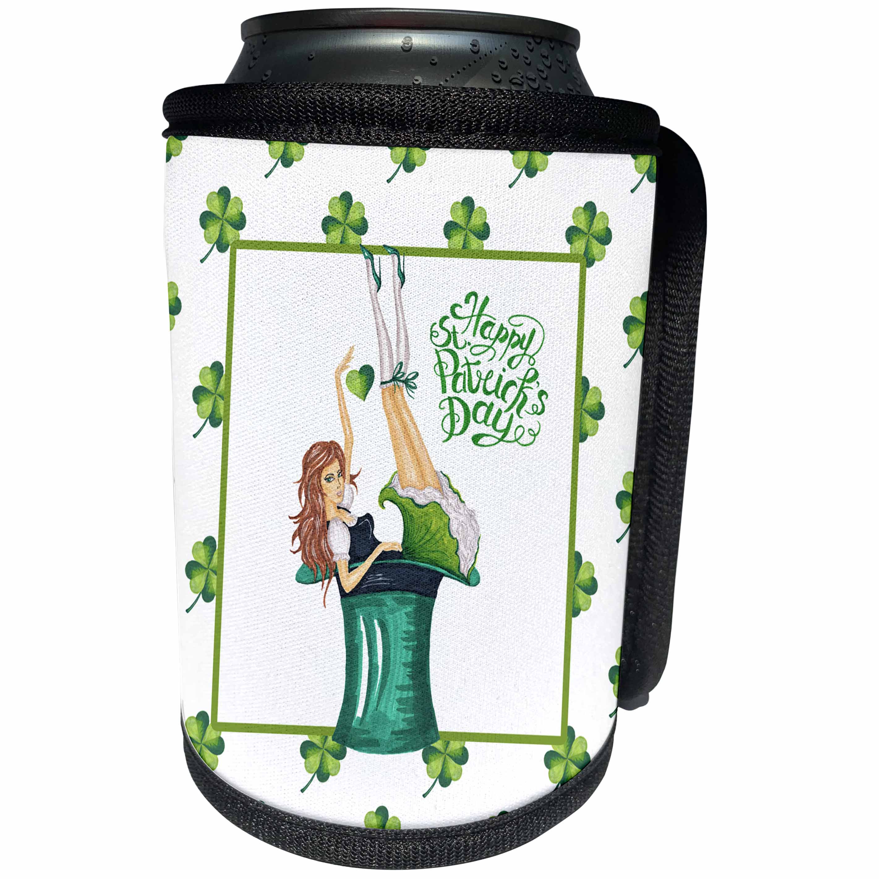 3dRose Uta Naumann Sayings and Typography - Happy St Patricks Day-Girl with Clover Pattern and Irish Motivational - Can Cooler Bottle Wrap (cc_275280)