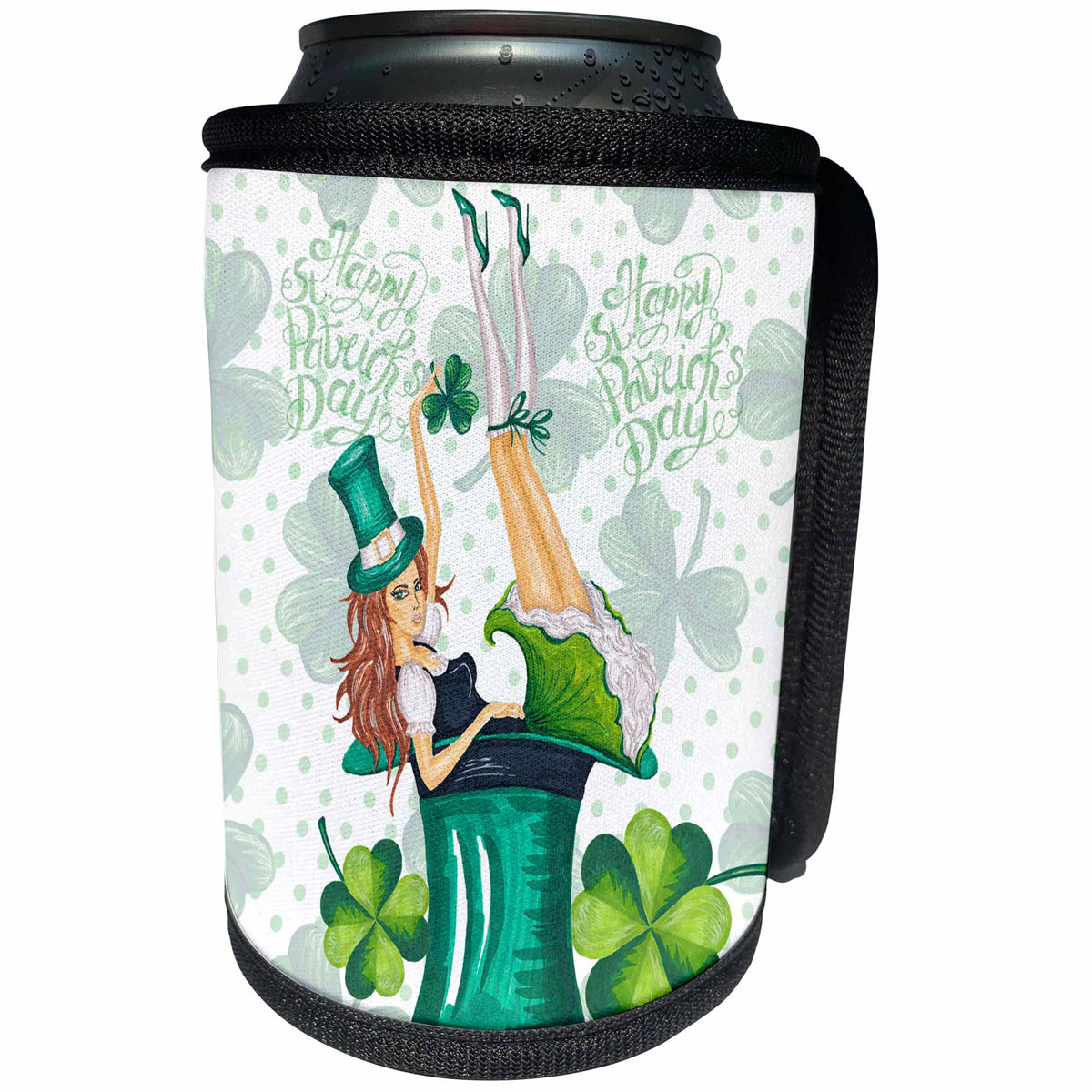 3dRose Uta Naumann Sayings and Typography - Happy St Patricks Day-Girl with Clover Shamrock - Irish Motivational - Can Cooler Bottle Wrap (cc_275281)