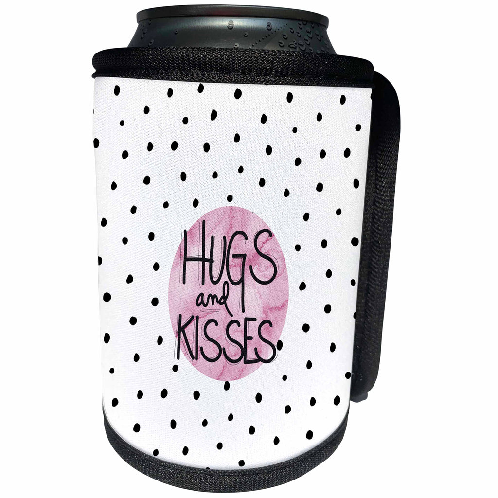 3dRose Uta Naumann Sayings and Typography - Hugs Kisses - Girl Trend Typography - Black Pink and White Polkadots - Can Cooler Bottle Wrap (cc_275332)