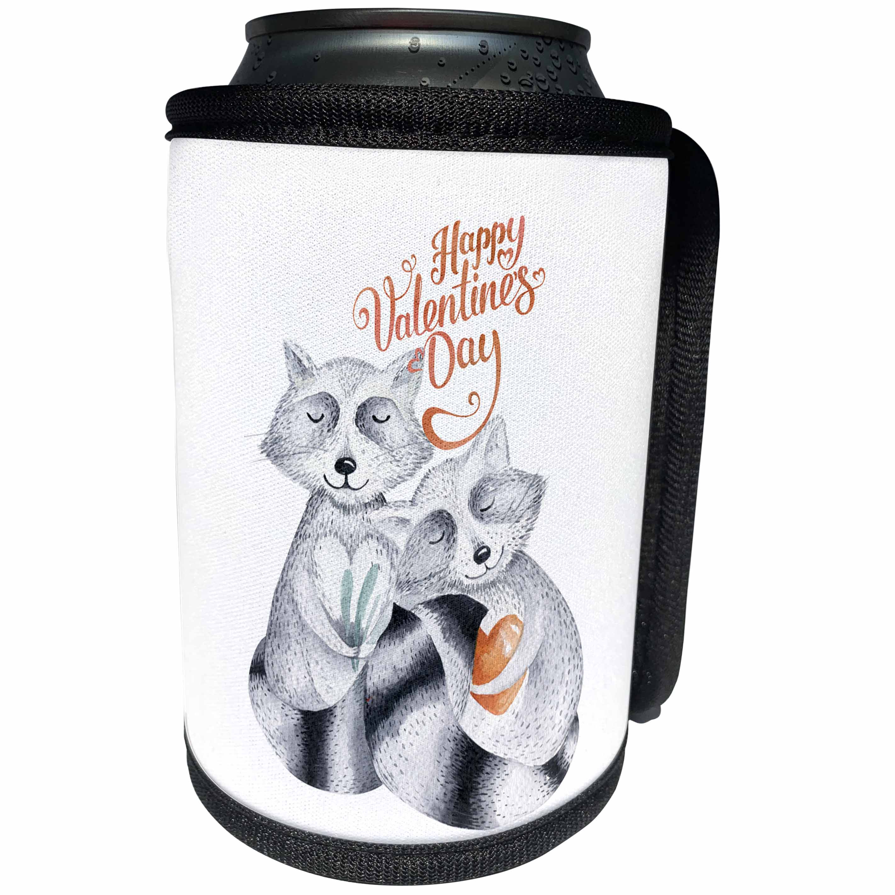 3dRose Uta Naumann Sayings and Typography - Raccoon Love With Heart - Valentines Day Illustration and Typography - Can Cooler Bottle Wrap (cc_275382)
