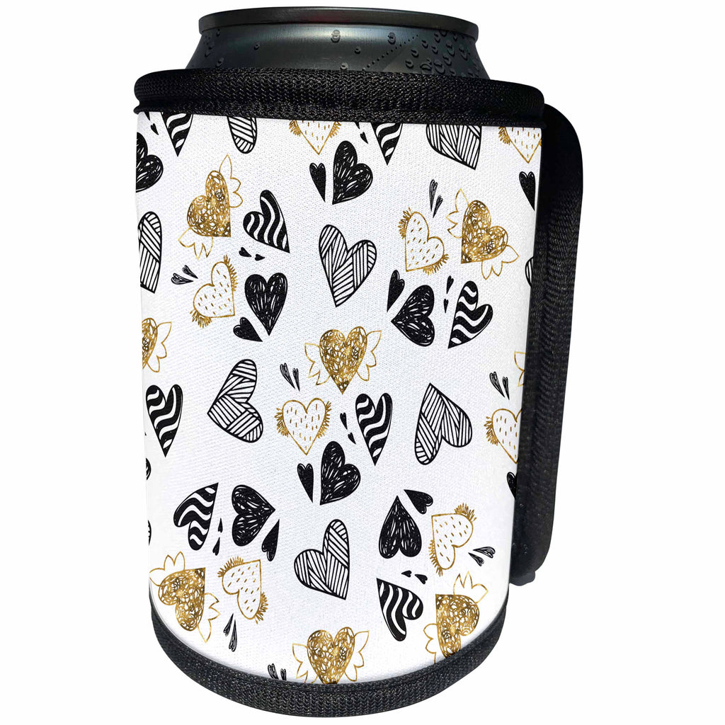 3dRose Uta Naumann Pattern - Image of Gold Hearts and Black Valentines Day- Heart Pattern on White - Can Cooler Bottle Wrap (cc_275391)