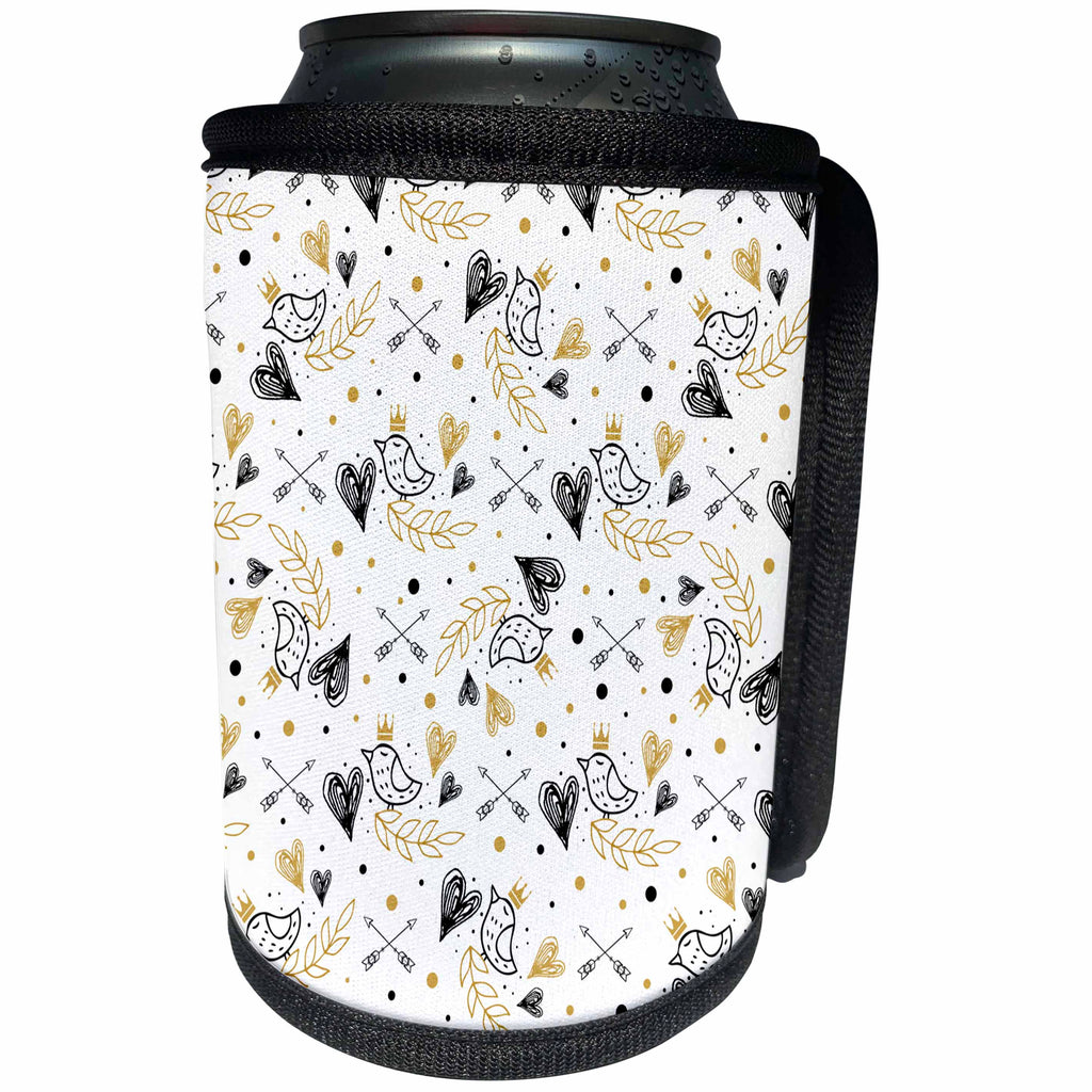 3dRose Uta Naumann Pattern - Image of Gold Black Birds Black Valentines Day- Pattern on White - Can Cooler Bottle Wrap (cc_275393)