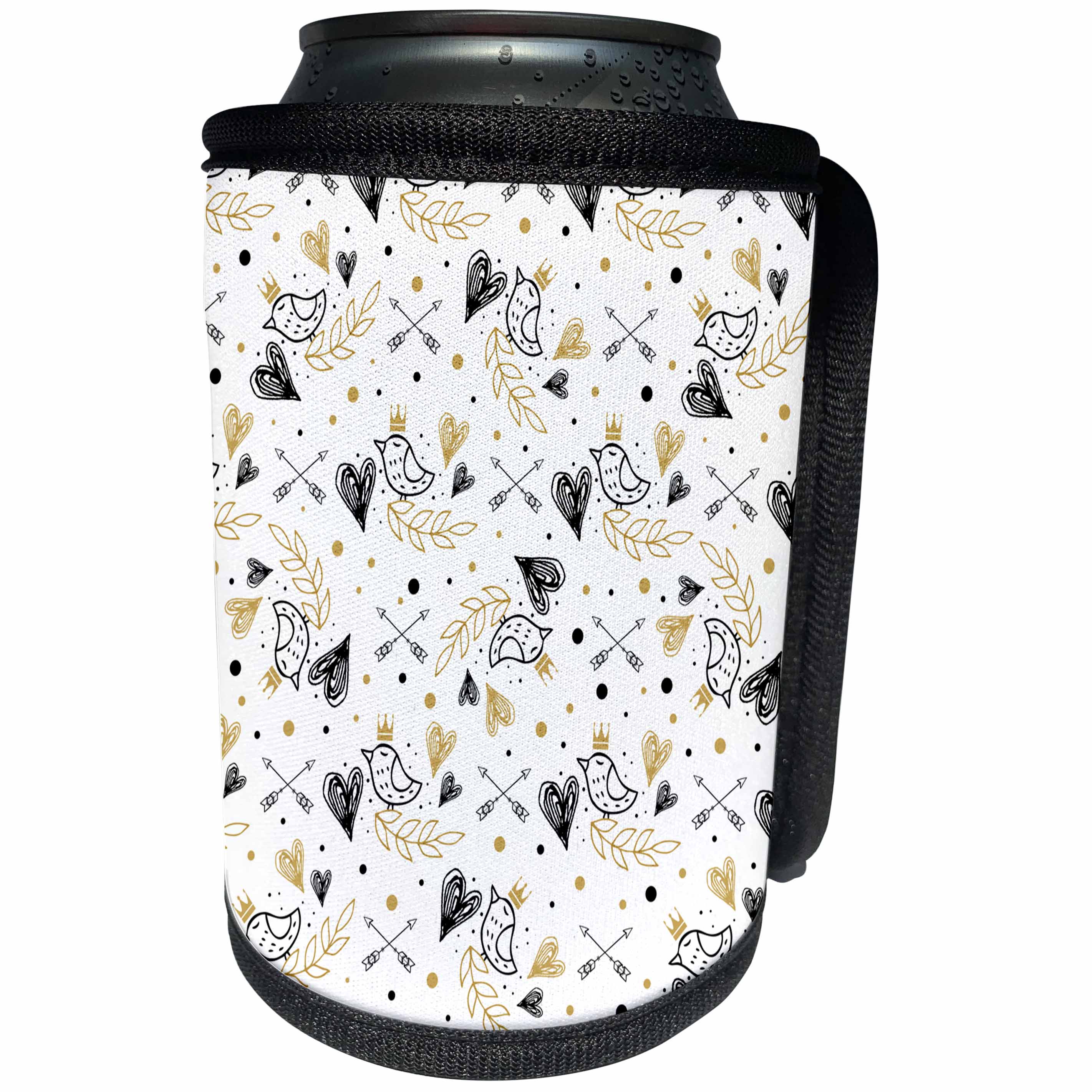 3dRose Uta Naumann Pattern - Image of Gold Black Birds Black Valentines Day- Pattern on White - Can Cooler Bottle Wrap (cc_275393)