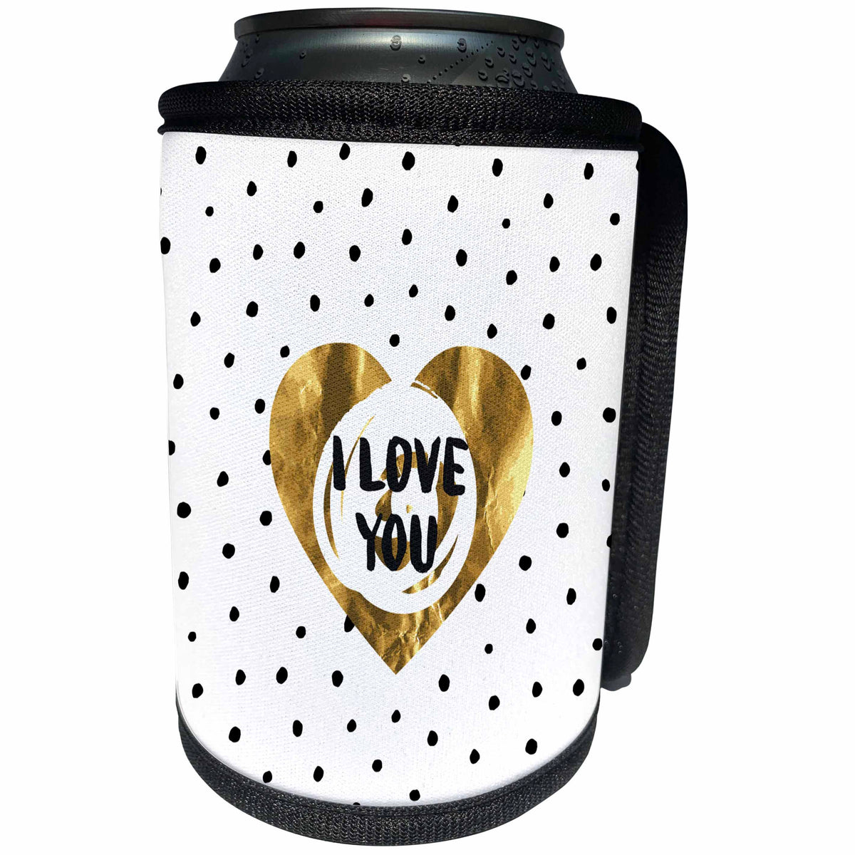 3dRose Uta Naumann Sayings and Typography - I Love You- Gold Letters and Heart on White and Black Polkadot Pattern - Can Cooler Bottle Wrap (cc_275409)