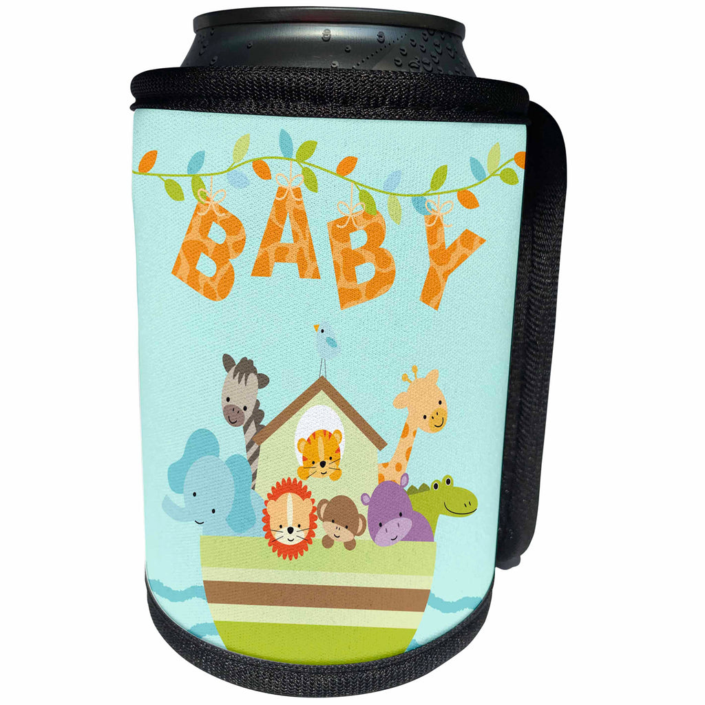 3dRose Uta Naumann Sayings and Typography - Cute Baby Noahs Ark Safari Wild Animal Typography on Blue - Can Cooler Bottle Wrap (cc_275550)