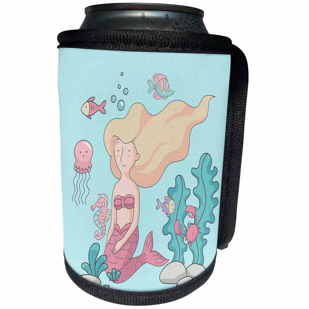 3dRose Uta Naumann Sayings and Typography - Ocean Underwater Mermaid and Animal Illustration for Kids - Can Cooler Bottle Wrap (cc_275558)