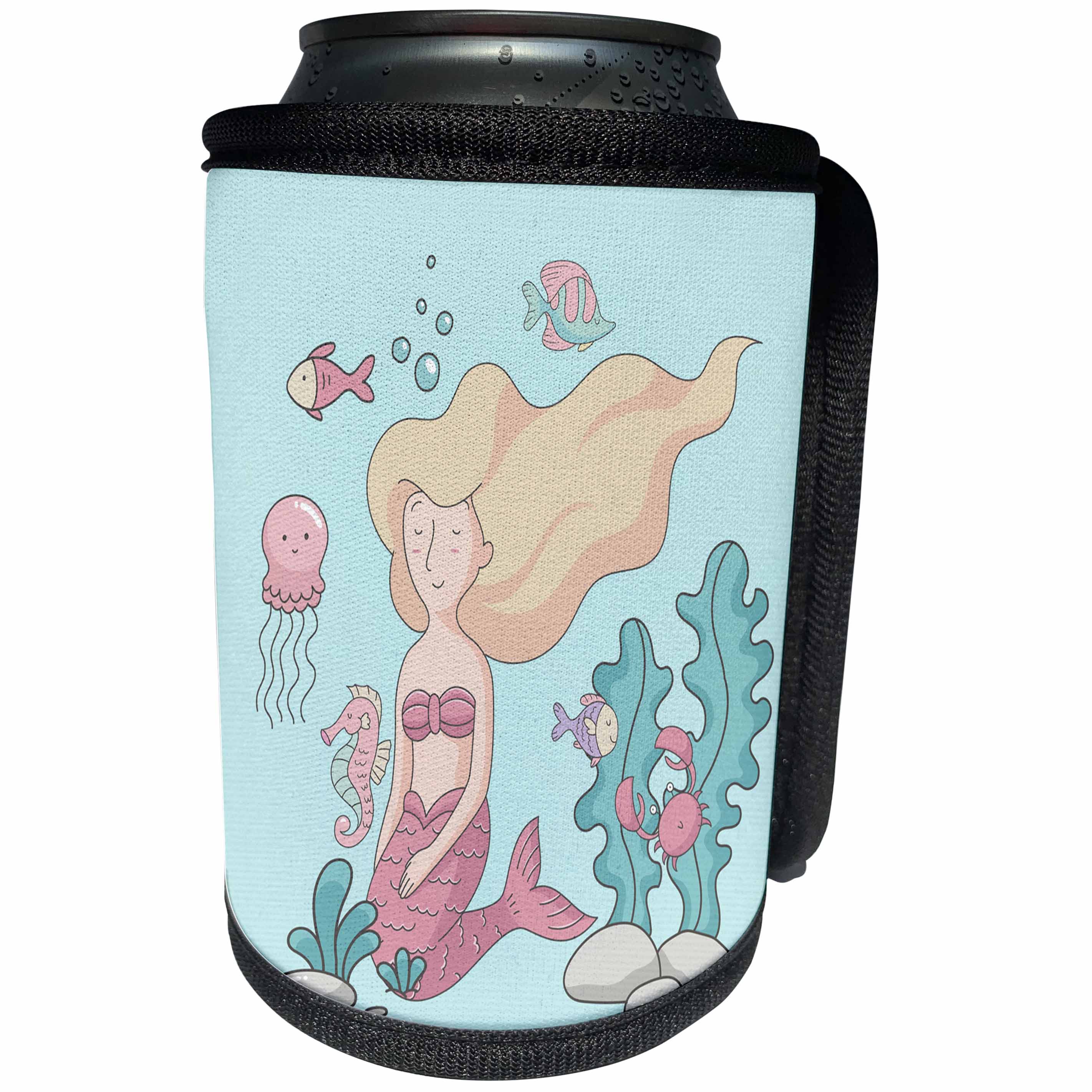3dRose Uta Naumann Sayings and Typography - Ocean Underwater Mermaid and Animal Illustration for Kids - Can Cooler Bottle Wrap (cc_275558)